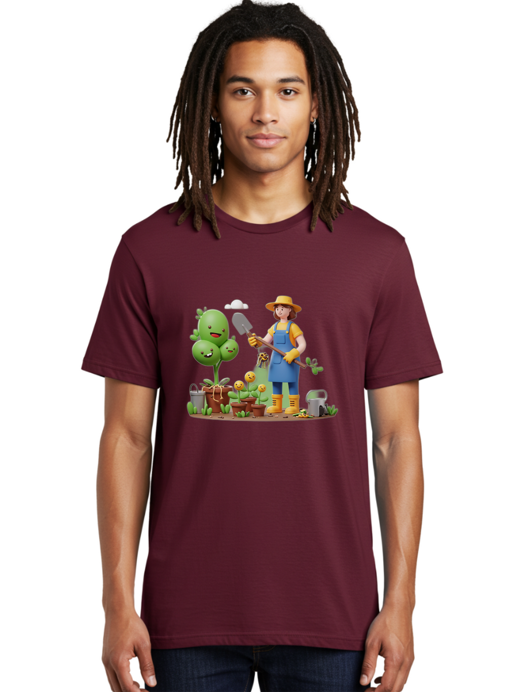 Gardener-With-Cartoon-Plants Men'S Graphic Tee, 100% Cotton, Comfortable Casual Summer Wear, Machine Washable, Cartoon Gardener, Gardening Tools, Potted Plants, Smiling Plants, Gardening Gloves, Watering Can, Gardening Overalls, Baa717