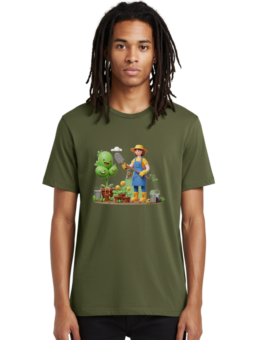 Gardener-With-Cartoon-Plants Men'S Graphic Tee, 100% Cotton, Comfortable Casual Summer Wear, Machine Washable, Cartoon Gardener, Gardening Tools, Potted Plants, Smiling Plants, Gardening Gloves, Watering Can, Gardening Overalls, Baa717