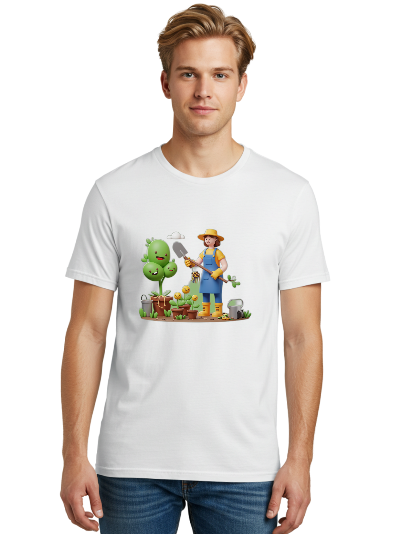 Gardener-With-Cartoon-Plants Men'S Graphic Tee, 100% Cotton, Comfortable Casual Summer Wear, Machine Washable, Cartoon Gardener, Gardening Tools, Potted Plants, Smiling Plants, Gardening Gloves, Watering Can, Gardening Overalls, Baa717