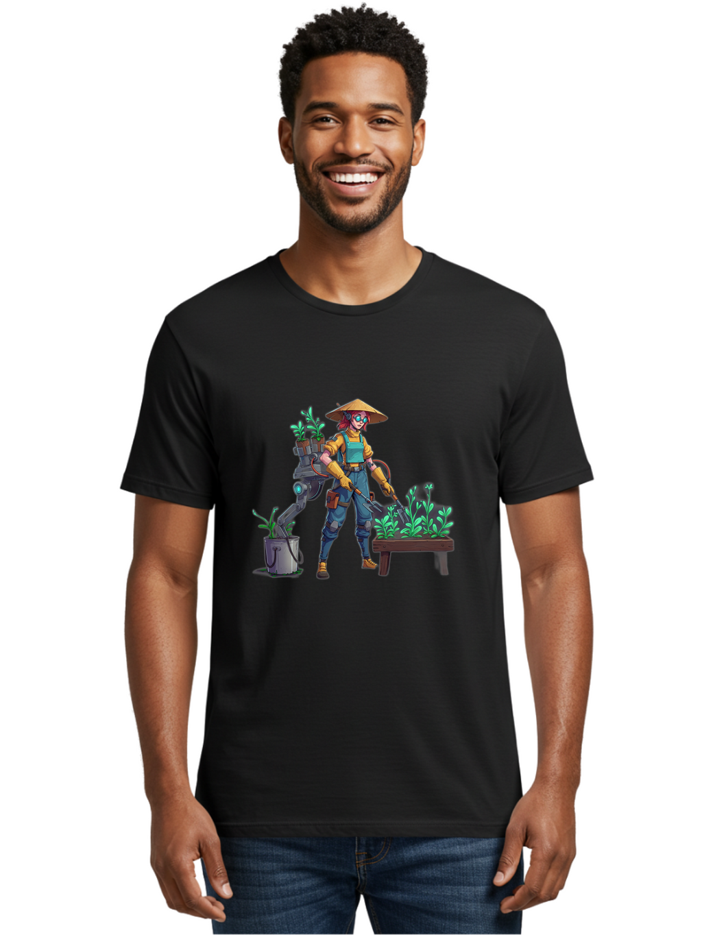 Gardener-With-Robot Men'S Graphic Tee, 100% Cotton, Comfortable Casual Summer Wear, Machine Washable, Female Farmer, Gardening Tools, Robotic Assistant, Green Plants, Potted Plants, Water Hose, Gardening Apron, Conical Hat, Farming Technology, Baa718