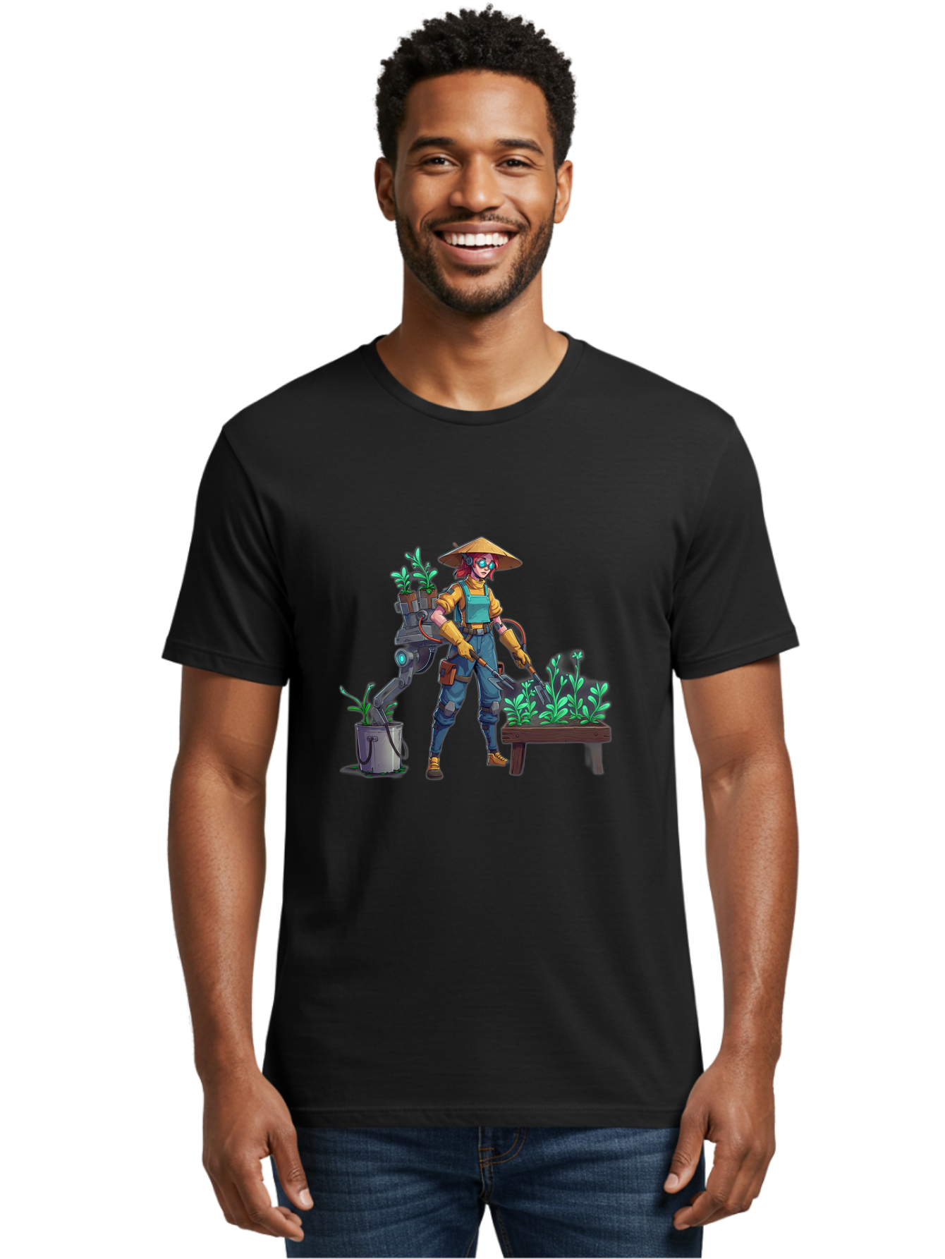Gardener-With-Robot Men'S Graphic Tee, 100% Cotton, Comfortable Casual Summer Wear, Machine Washable, Female Farmer, Gardening Tools, Robotic Assistant, Green Plants, Potted Plants, Water Hose, Gardening Apron, Conical Hat, Farming Technology, Baa718