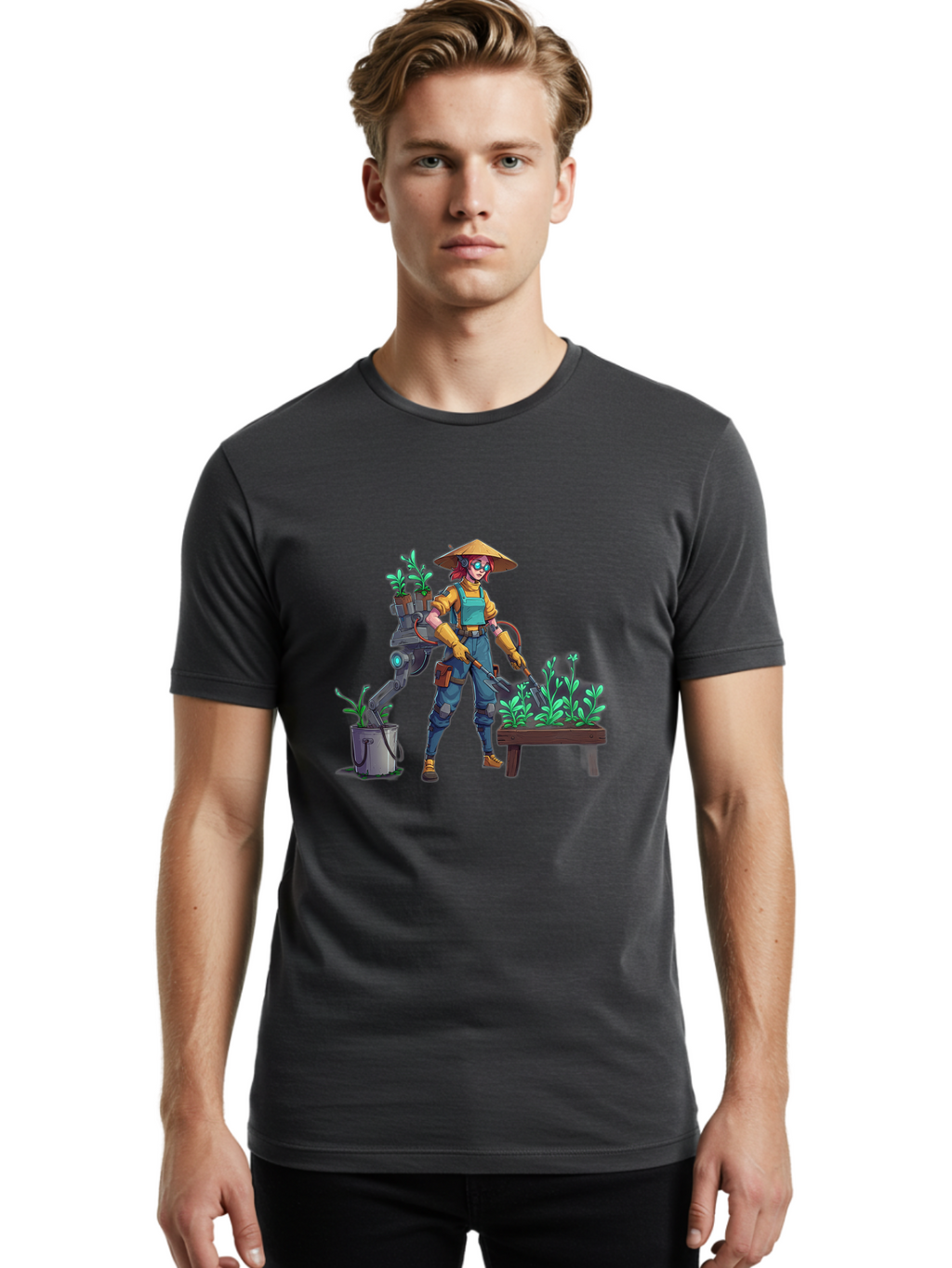 Gardener-With-Robot Men'S Graphic Tee, 100% Cotton, Comfortable Casual Summer Wear, Machine Washable, Female Farmer, Gardening Tools, Robotic Assistant, Green Plants, Potted Plants, Water Hose, Gardening Apron, Conical Hat, Farming Technology, Baa718