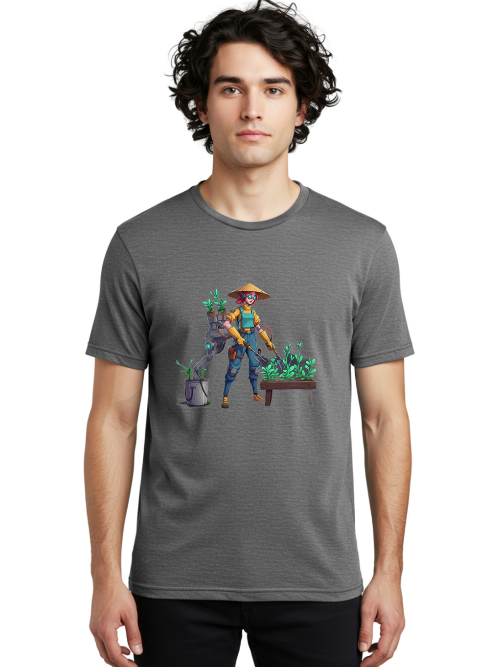 Gardener-With-Robot Men'S Graphic Tee, 100% Cotton, Comfortable Casual Summer Wear, Machine Washable, Female Farmer, Gardening Tools, Robotic Assistant, Green Plants, Potted Plants, Water Hose, Gardening Apron, Conical Hat, Farming Technology, Baa718