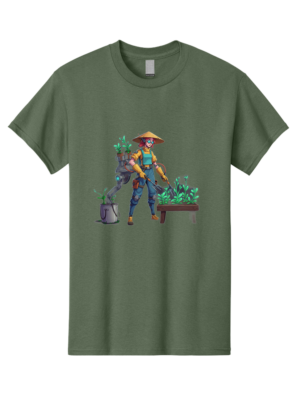 Gardener-With-Robot Men'S Graphic Tee, 100% Cotton, Comfortable Casual Summer Wear, Machine Washable, Female Farmer, Gardening Tools, Robotic Assistant, Green Plants, Potted Plants, Water Hose, Gardening Apron, Conical Hat, Farming Technology, Baa718