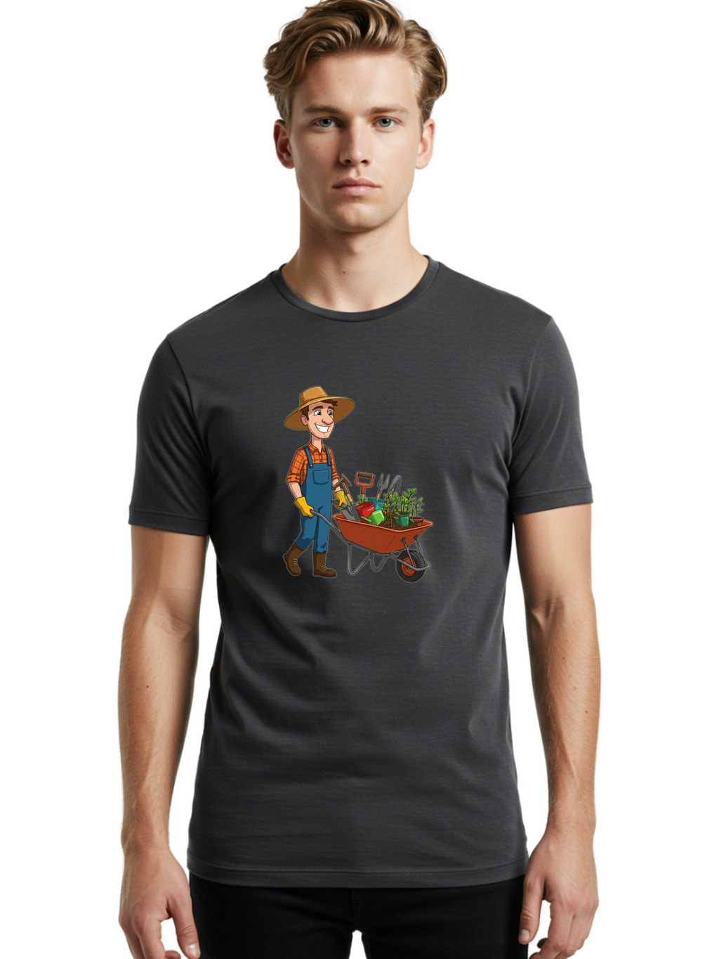 Gardener-With-Wheelbarrow Men'S Graphic Tee, 100% Cotton, Comfortable Casual Summer Wear, Machine Washable, Gardener Pushing Wheelbarrow, Gardening Tools, Plants In Pots, Farmer Wear, Overalls And Hat, Gardening Activities, Outdoor Work, Baa719