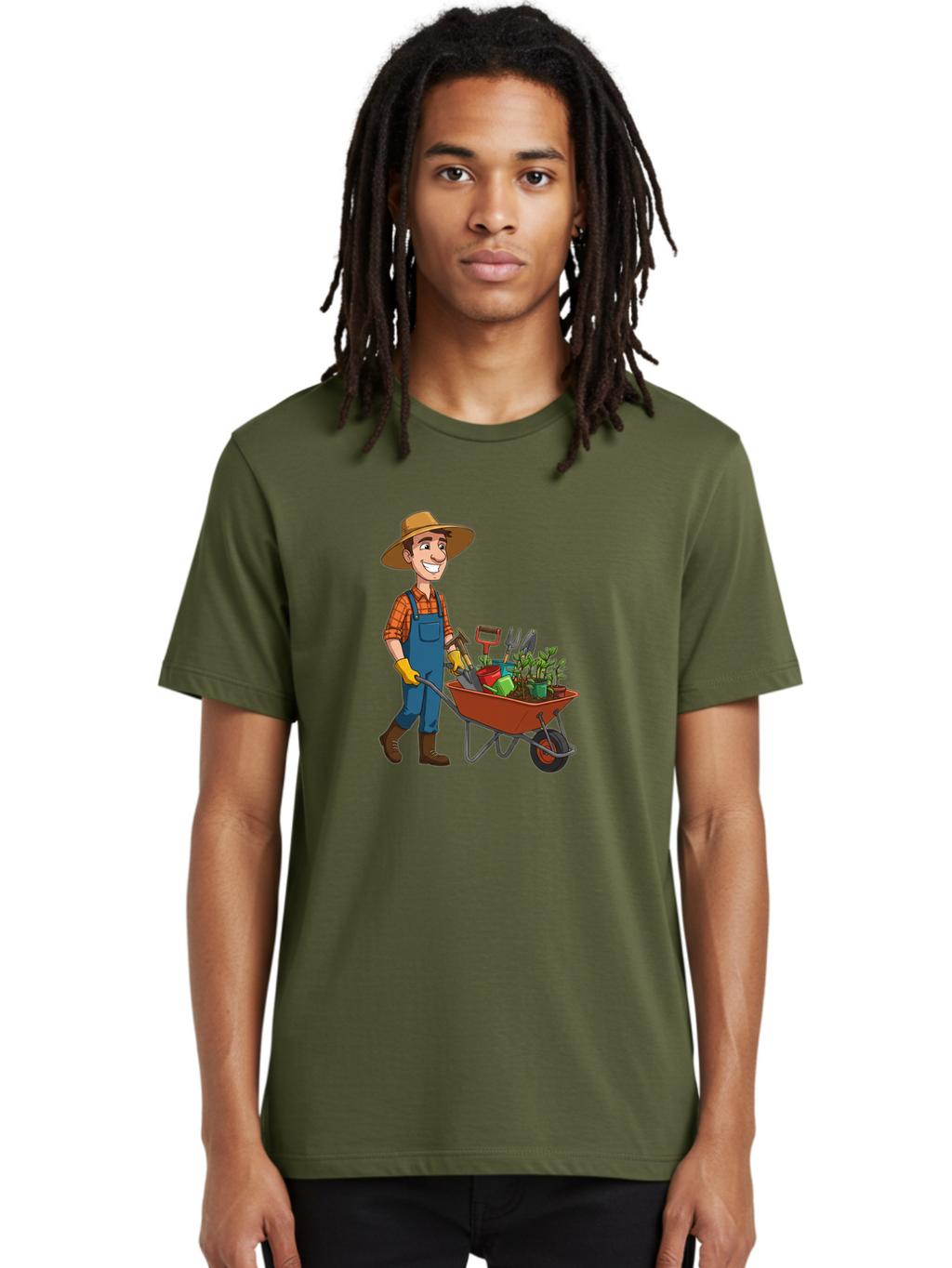 Gardener-With-Wheelbarrow Men'S Graphic Tee, 100% Cotton, Comfortable Casual Summer Wear, Machine Washable, Gardener Pushing Wheelbarrow, Gardening Tools, Plants In Pots, Farmer Wear, Overalls And Hat, Gardening Activities, Outdoor Work, Baa719