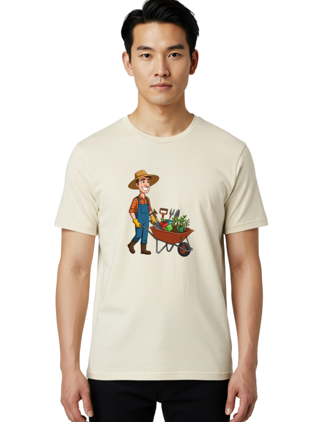 Gardener-With-Wheelbarrow Men'S Graphic Tee, 100% Cotton, Comfortable Casual Summer Wear, Machine Washable, Gardener Pushing Wheelbarrow, Gardening Tools, Plants In Pots, Farmer Wear, Overalls And Hat, Gardening Activities, Outdoor Work, Baa719