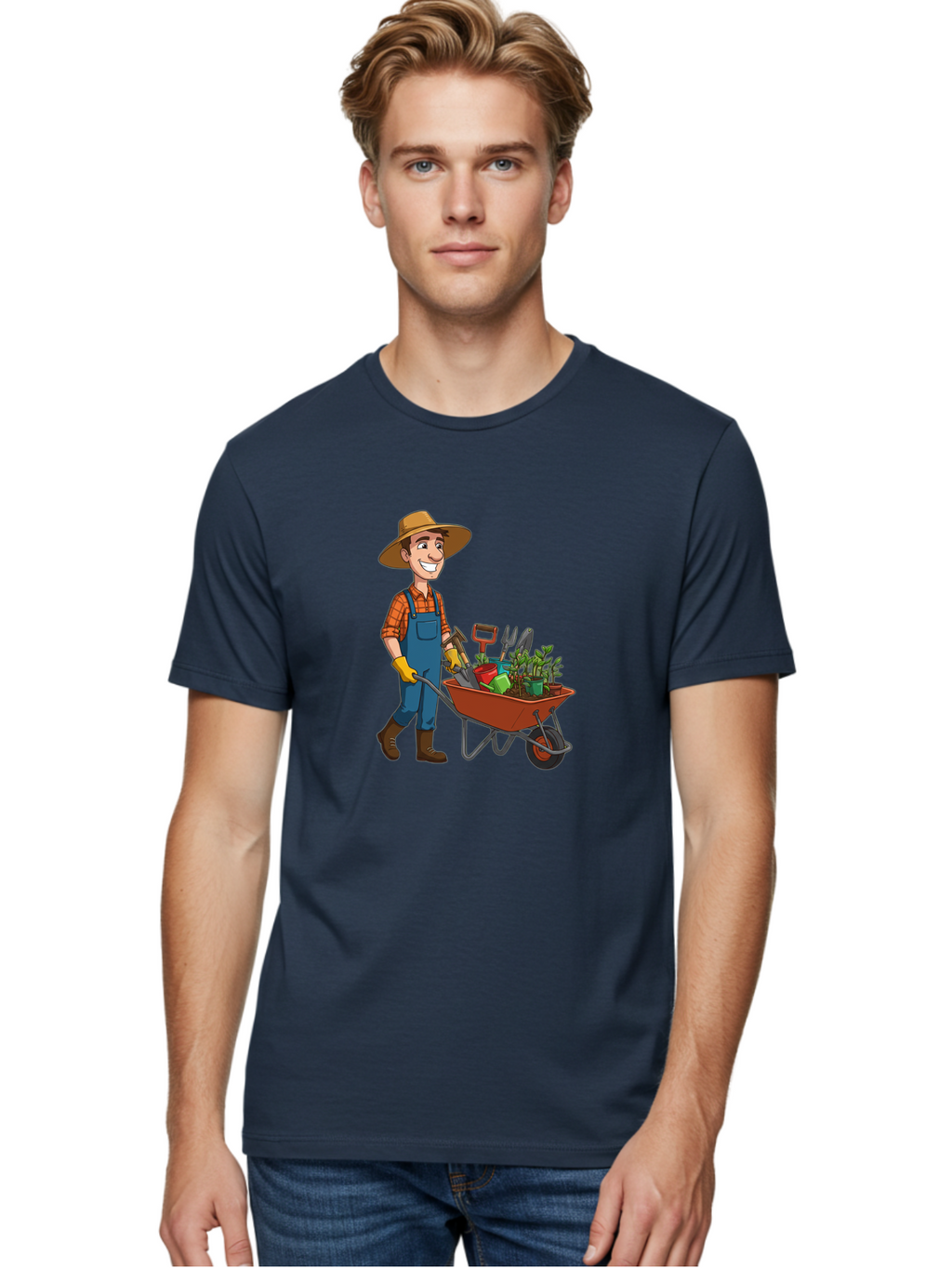 Gardener-With-Wheelbarrow Men'S Graphic Tee, 100% Cotton, Comfortable Casual Summer Wear, Machine Washable, Gardener Pushing Wheelbarrow, Gardening Tools, Plants In Pots, Farmer Wear, Overalls And Hat, Gardening Activities, Outdoor Work, Baa719
