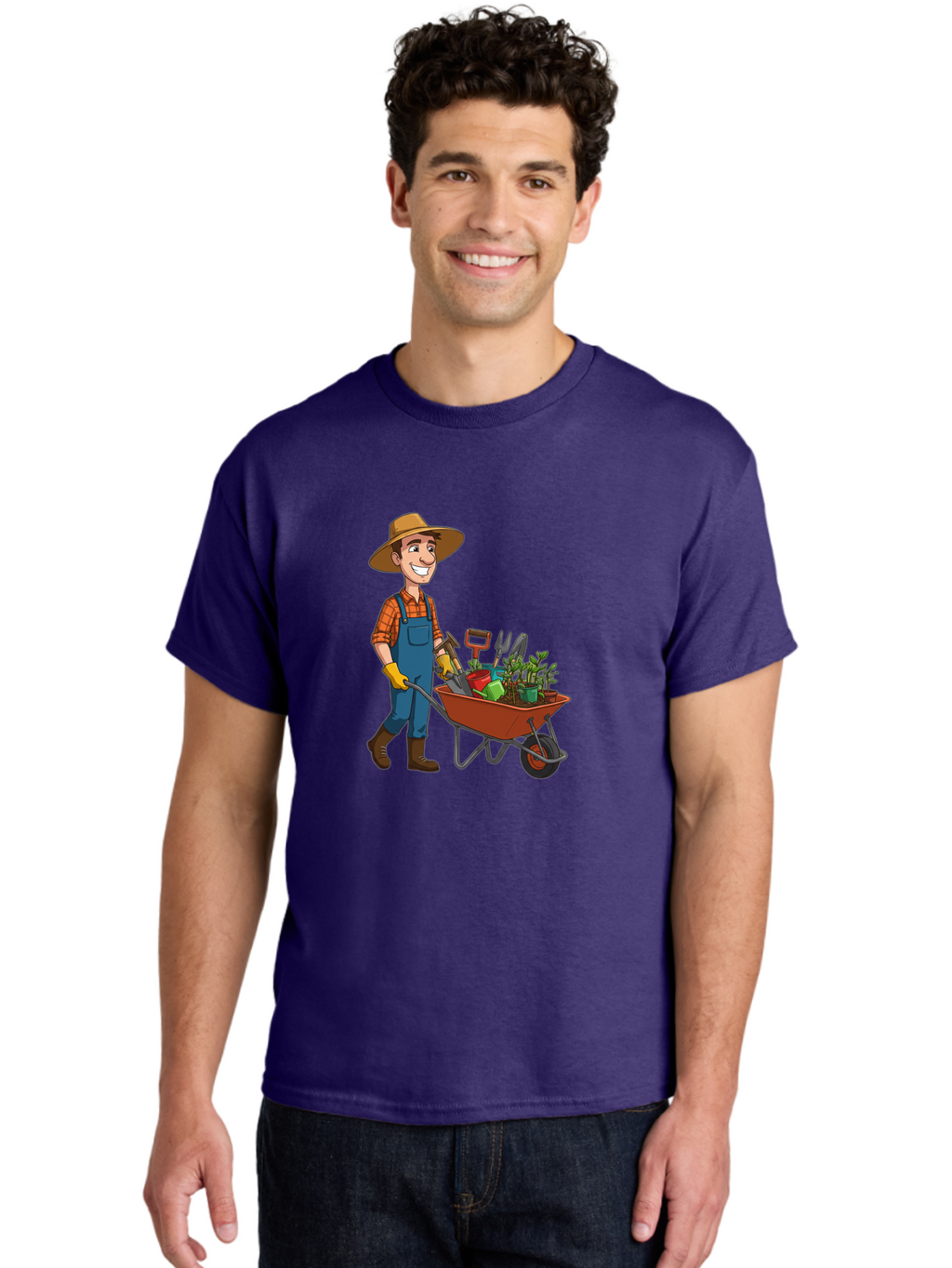 Gardener-With-Wheelbarrow Men'S Graphic Tee, 100% Cotton, Comfortable Casual Summer Wear, Machine Washable, Gardener Pushing Wheelbarrow, Gardening Tools, Plants In Pots, Farmer Wear, Overalls And Hat, Gardening Activities, Outdoor Work, Baa719
