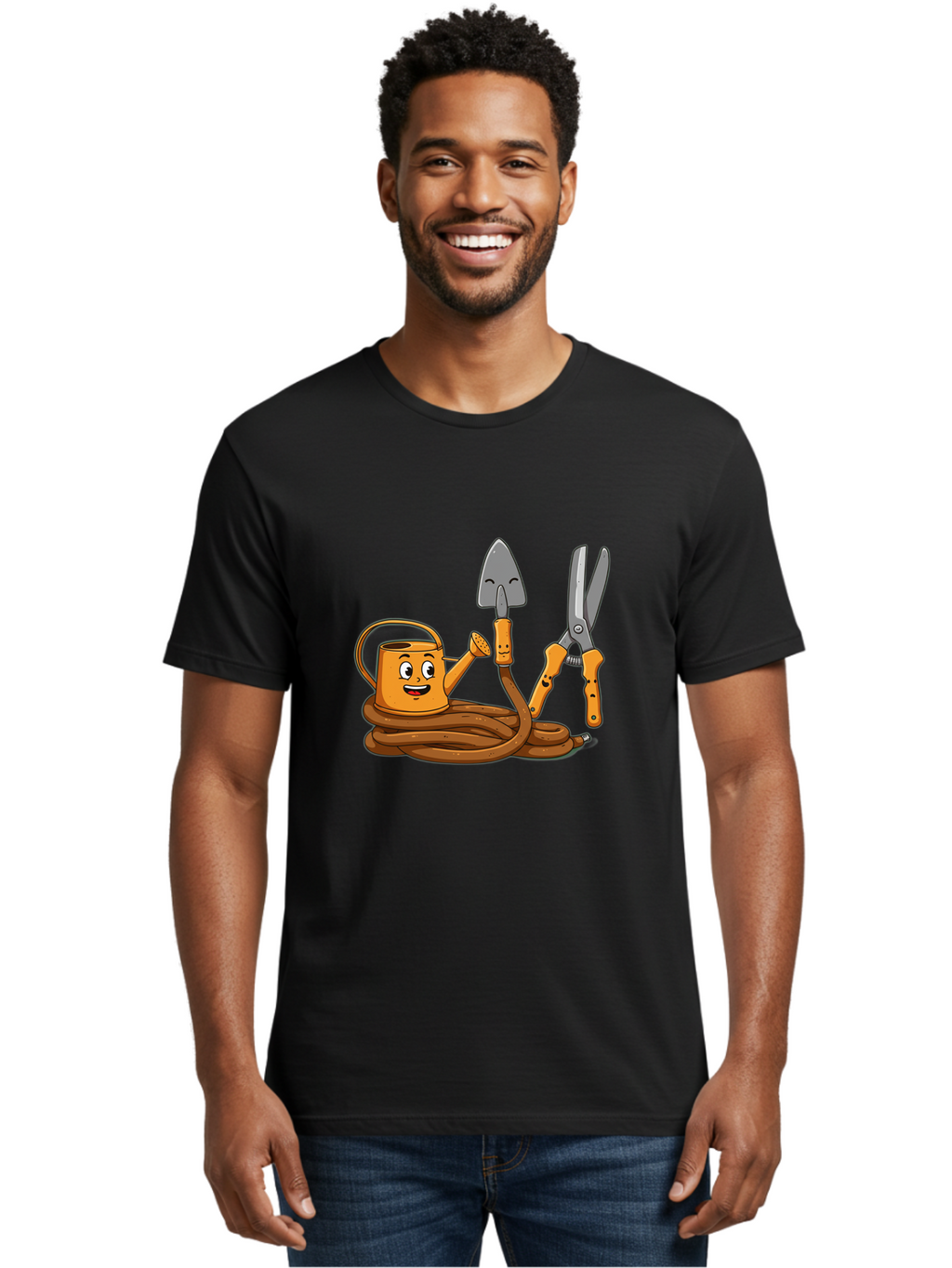 Gardening-Tools-1 Men'S Graphic Tee, 100% Cotton, Comfortable Casual Summer Wear, Machine Washable, Cartoon Watering Can, Gardening Tools, Trowel, Pruning Shears, Hose, Gardening Supplies, Garden Accessories, Plant Care, Funny Character Baa721