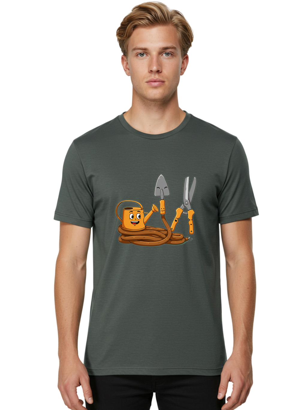 Gardening-Tools-1 Men'S Graphic Tee, 100% Cotton, Comfortable Casual Summer Wear, Machine Washable, Cartoon Watering Can, Gardening Tools, Trowel, Pruning Shears, Hose, Gardening Supplies, Garden Accessories, Plant Care, Funny Character Baa721