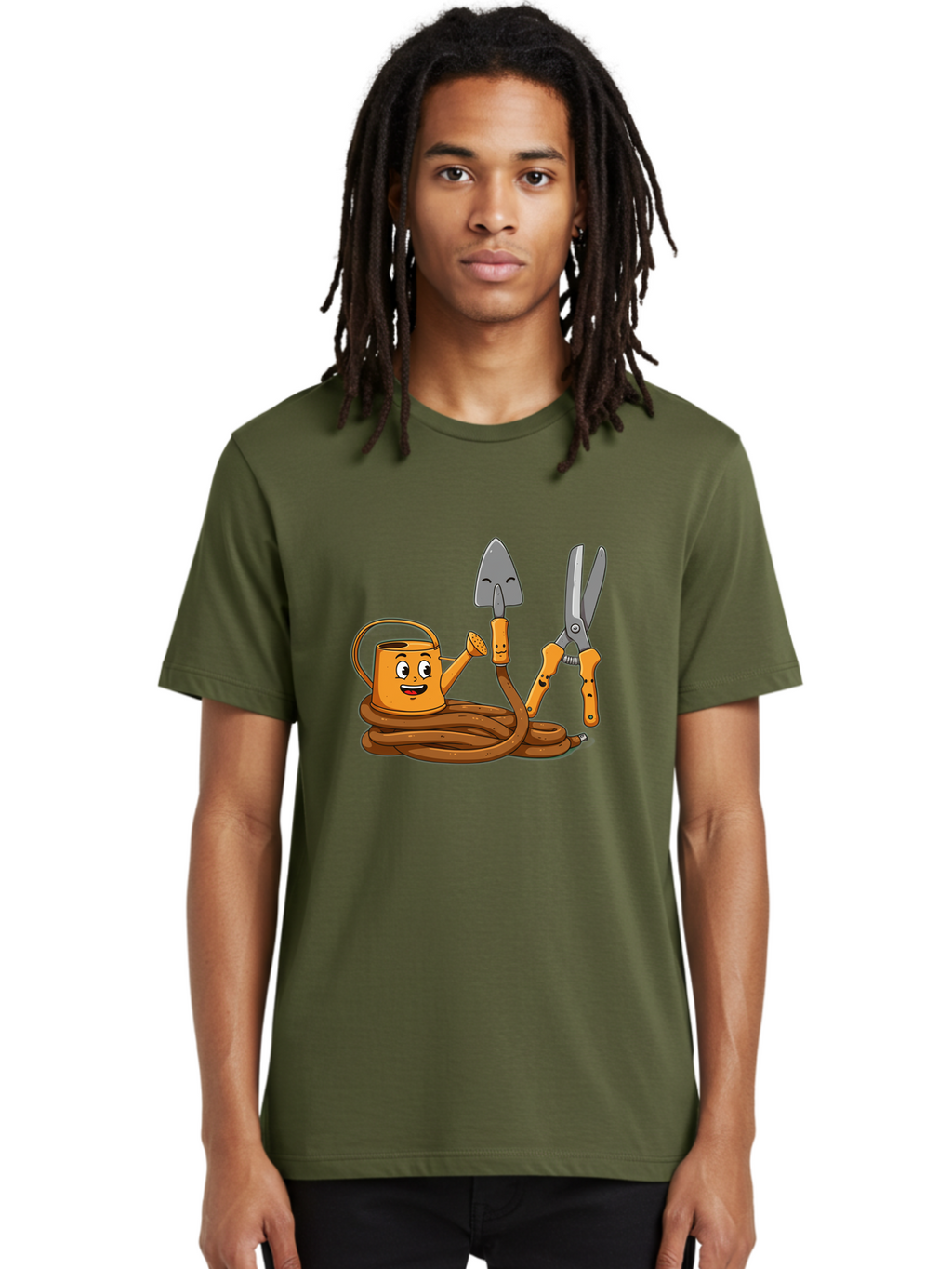 Gardening-Tools-1 Men'S Graphic Tee, 100% Cotton, Comfortable Casual Summer Wear, Machine Washable, Cartoon Watering Can, Gardening Tools, Trowel, Pruning Shears, Hose, Gardening Supplies, Garden Accessories, Plant Care, Funny Character Baa721