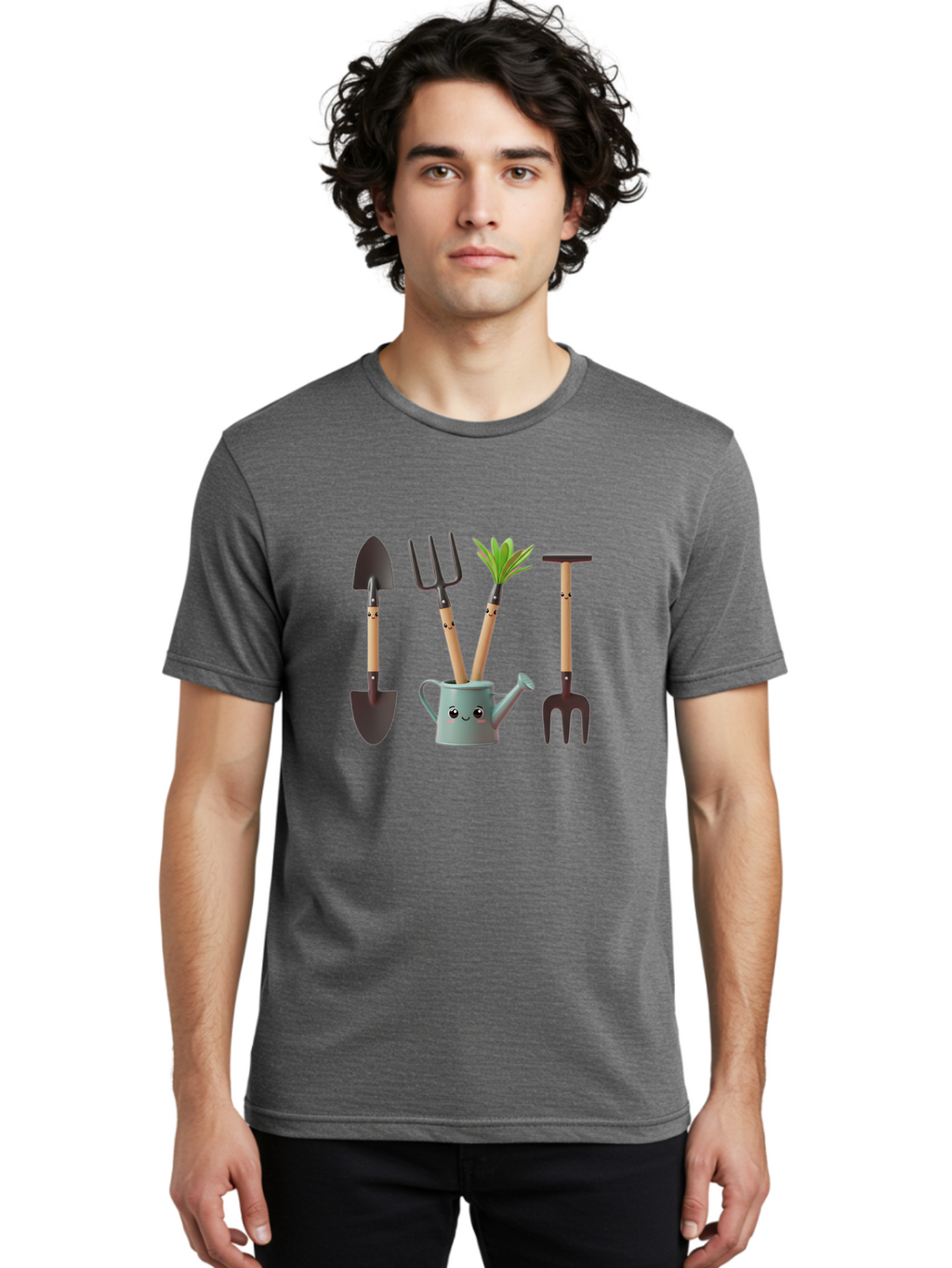Gardening-Tools-2 Men'S Graphic Tee, 100% Cotton, Comfortable Casual Summer Wear, Machine Washable, Gardening Tools, Shovel, Pitchfork, Trowel, Garden Fork, Watering Can, Anthropomorphic, Gardening Accessories, Green Thumb Baa722
