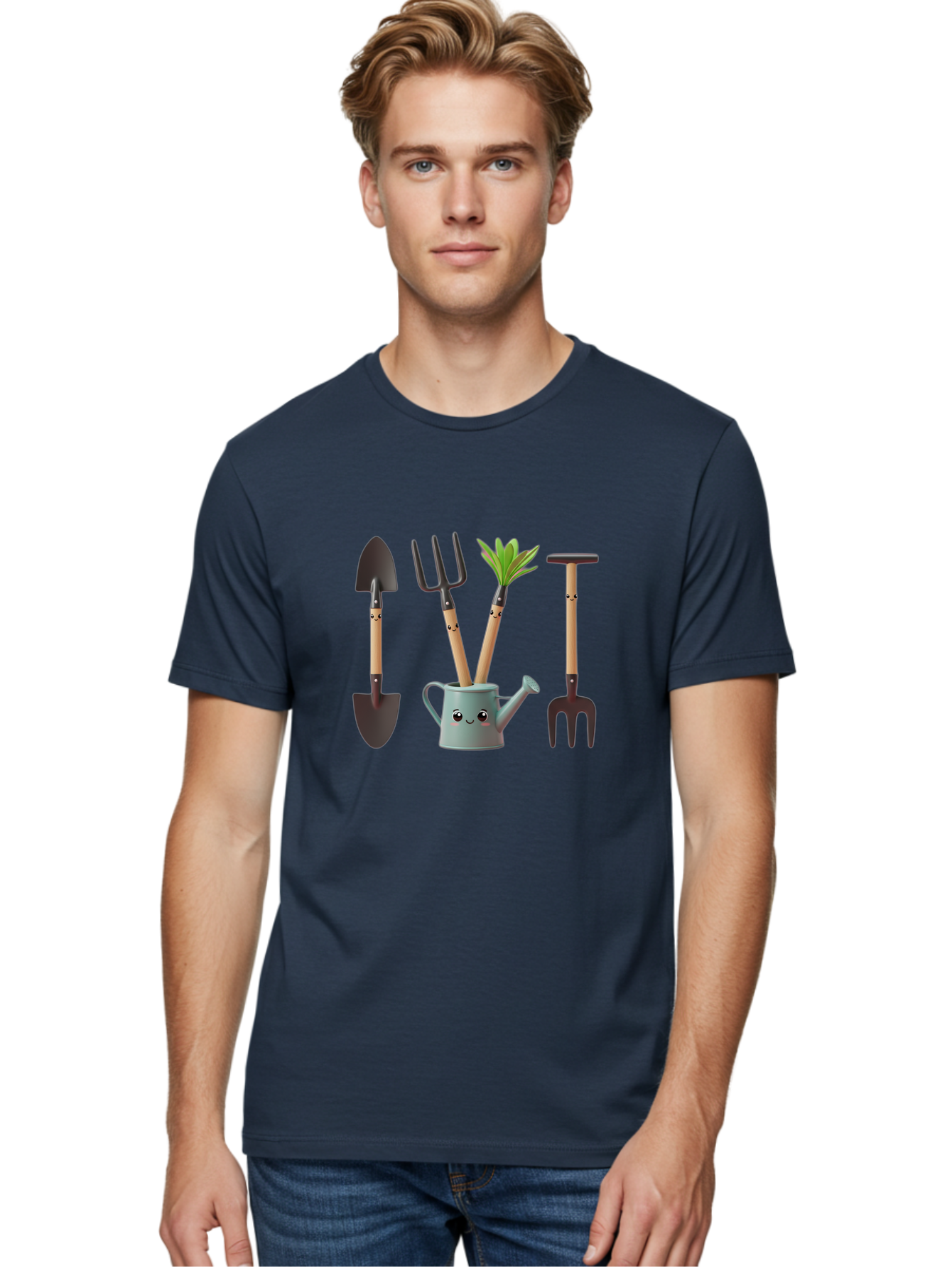 Gardening-Tools-2 Men'S Graphic Tee, 100% Cotton, Comfortable Casual Summer Wear, Machine Washable, Gardening Tools, Shovel, Pitchfork, Trowel, Garden Fork, Watering Can, Anthropomorphic, Gardening Accessories, Green Thumb Baa722