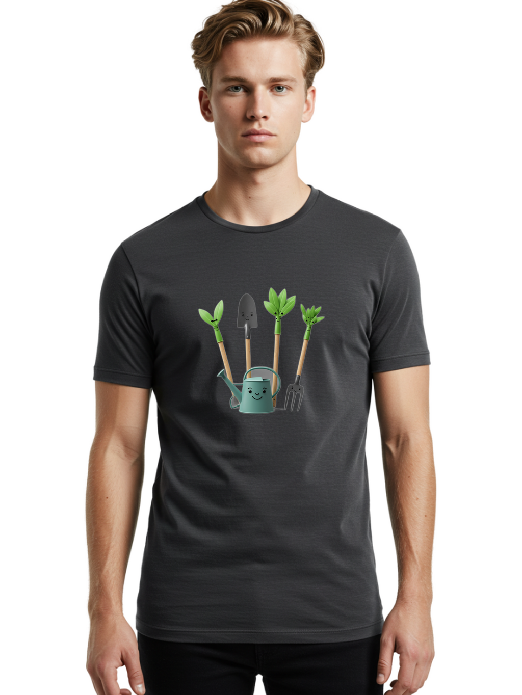 Gardening-Tools-3 Men'S Graphic Tee, 100% Cotton, Comfortable Casual Summer Wear, Machine Washable, Gardening Tools, Watering Can, Garden Shovel, Garden Pitchfork, Bamboo Shoots, Gardening Supplies, Gardening Accessories, Cartoon Gardening Baa723