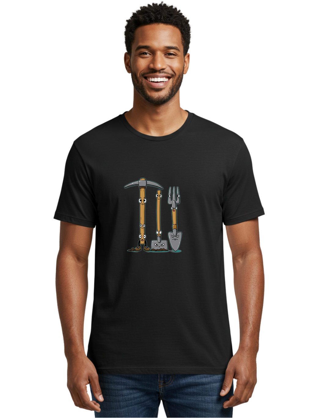 Gardening-Tools-4 Men'S Graphic Tee, 100% Cotton, Comfortable Casual Summer Wear, Machine Washable, Gardening Tools, Pickaxe, Shovel, Rake, Cartoon Characters, Anthropomorphic Objects, Grumpy Faces, Gardening Equipment, Funny Illustrations, Baa724