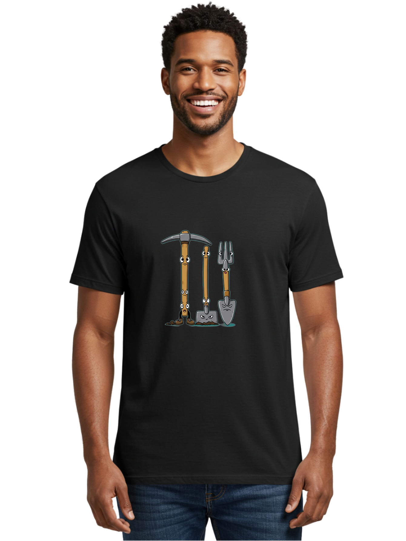 Gardening-Tools-4 Men'S Graphic Tee, 100% Cotton, Comfortable Casual Summer Wear, Machine Washable, Gardening Tools, Pickaxe, Shovel, Rake, Cartoon Characters, Anthropomorphic Objects, Grumpy Faces, Gardening Equipment, Funny Illustrations, Baa724