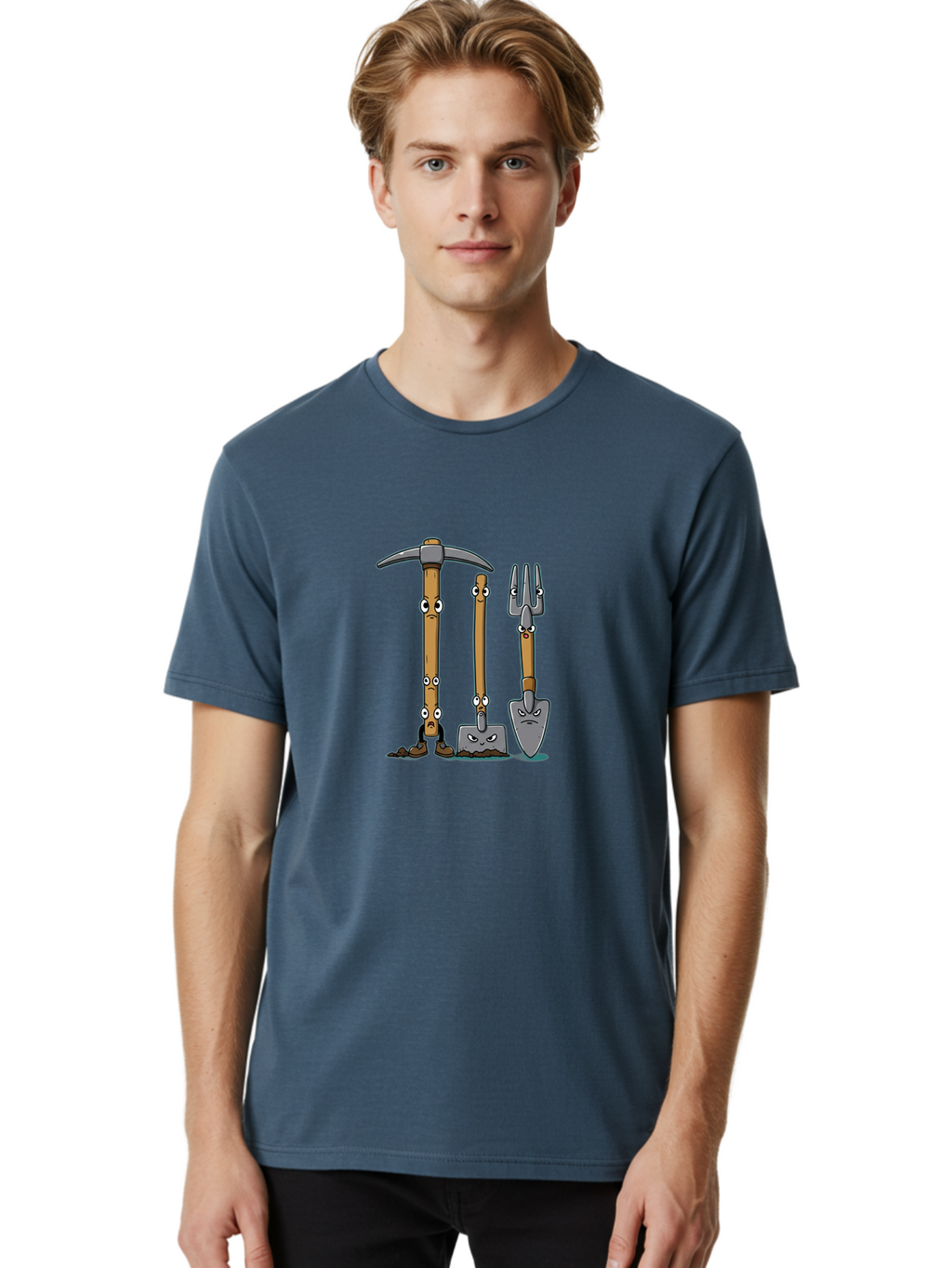Gardening-Tools-4 Men'S Graphic Tee, 100% Cotton, Comfortable Casual Summer Wear, Machine Washable, Gardening Tools, Pickaxe, Shovel, Rake, Cartoon Characters, Anthropomorphic Objects, Grumpy Faces, Gardening Equipment, Funny Illustrations, Baa724