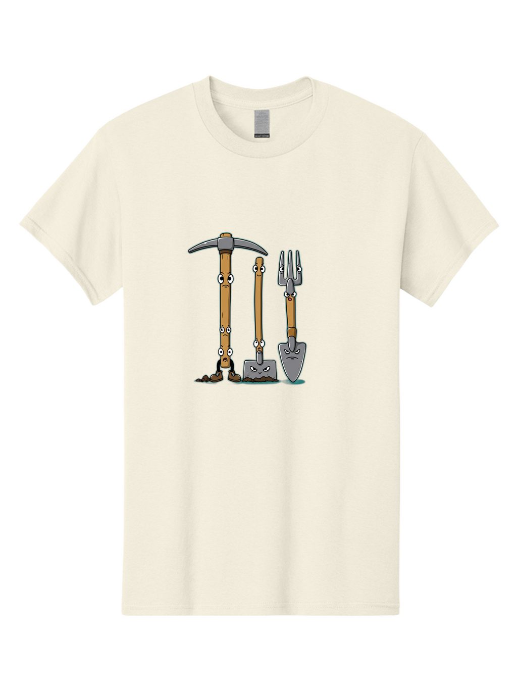 Gardening-Tools-4 Men'S Graphic Tee, 100% Cotton, Comfortable Casual Summer Wear, Machine Washable, Gardening Tools, Pickaxe, Shovel, Rake, Cartoon Characters, Anthropomorphic Objects, Grumpy Faces, Gardening Equipment, Funny Illustrations, Baa724