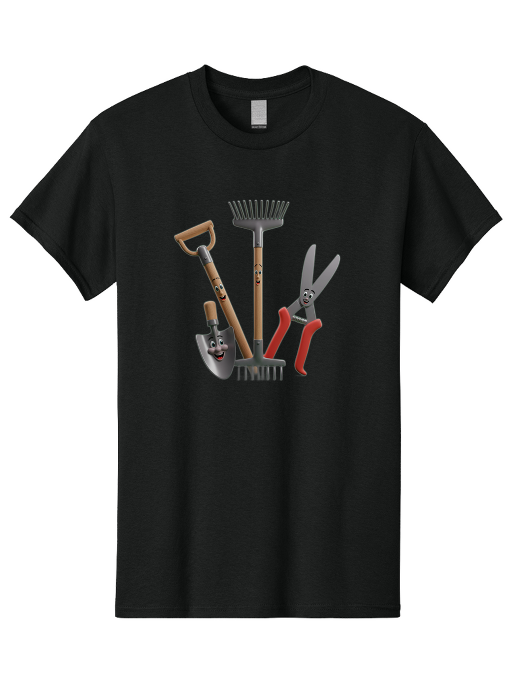 Gardening-Tools-5 Men'S Graphic Tee, 100% Cotton, Comfortable Casual Summer Wear, Machine Washable, Gardening Tools, Shovel, Rake, Pruning Shears, Anthropomorphic, Cartoon-Style, Gardening Equipment, Outdoor Gear, Friendly Tools Baa725