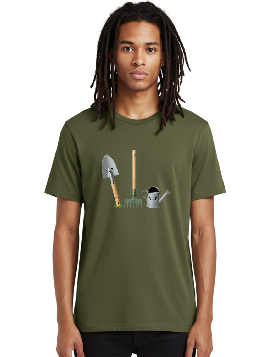 Gardening-Tools-7 Men'S Graphic Tee, 100% Cotton, Comfortable Casual Summer Wear, Machine Washable, Gardening Shovel, Garden Fork, Watering Can, Gardening Equipment, Friendly Tools, Anthropomorphic Objects, Nursery Supplies, Baa727