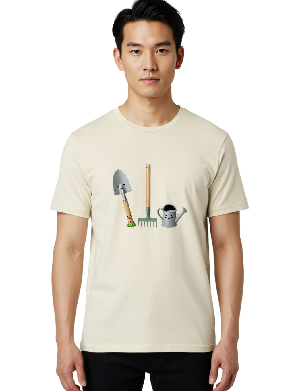 Gardening-Tools-7 Men'S Graphic Tee, 100% Cotton, Comfortable Casual Summer Wear, Machine Washable, Gardening Shovel, Garden Fork, Watering Can, Gardening Equipment, Friendly Tools, Anthropomorphic Objects, Nursery Supplies, Baa727