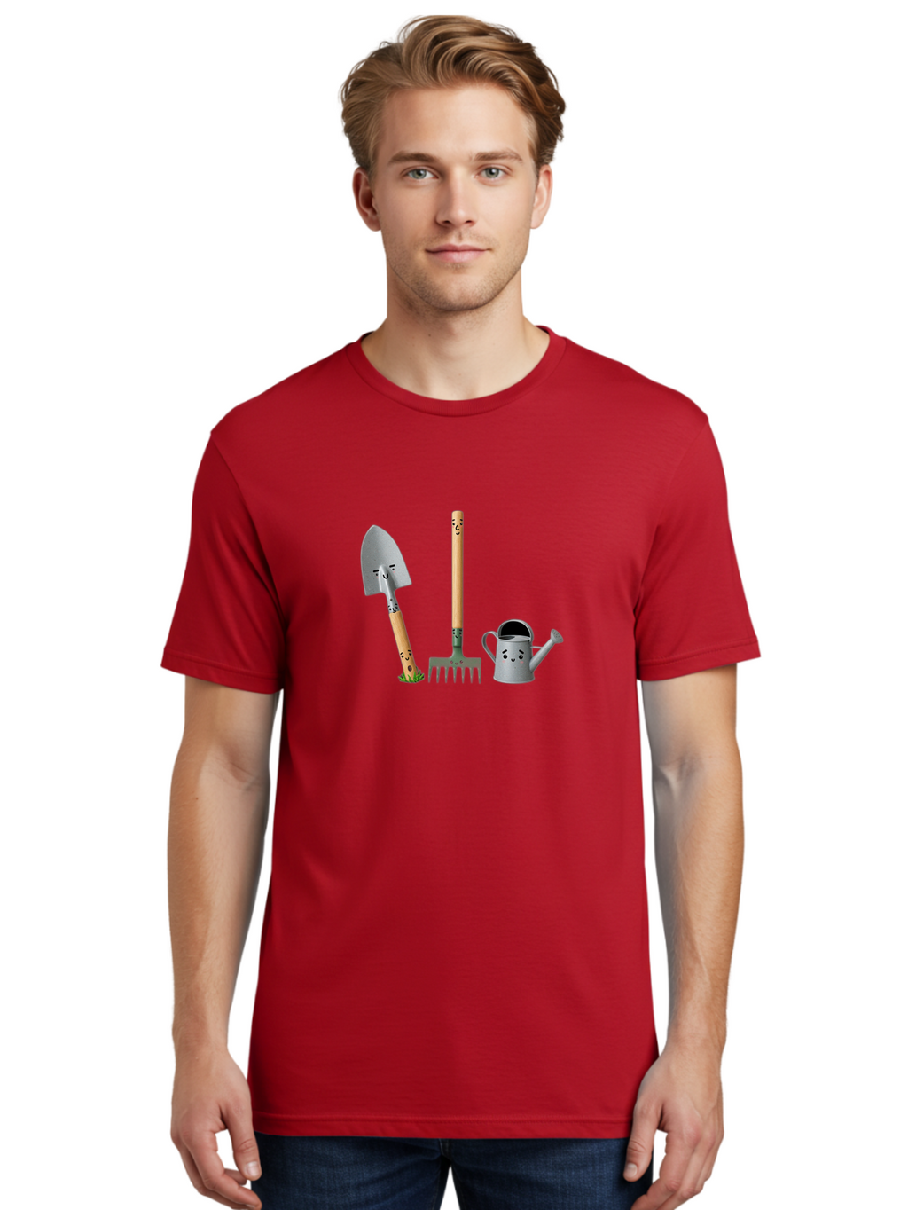 Gardening-Tools-7 Men'S Graphic Tee, 100% Cotton, Comfortable Casual Summer Wear, Machine Washable, Gardening Shovel, Garden Fork, Watering Can, Gardening Equipment, Friendly Tools, Anthropomorphic Objects, Nursery Supplies, Baa727