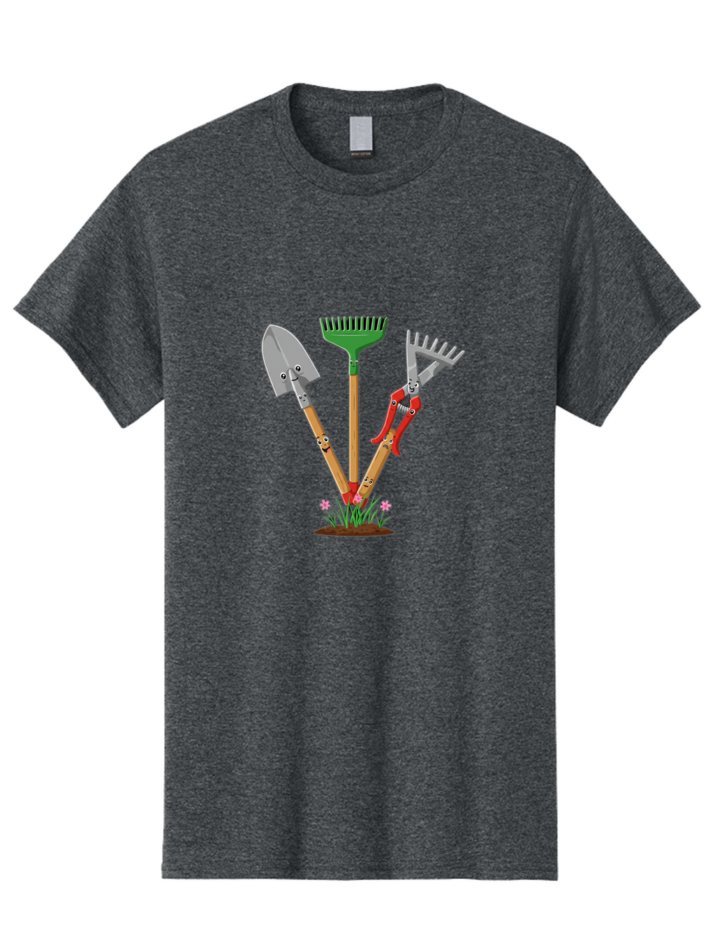 Gardening-Tools Men'S Graphic Tee, 100% Cotton, Comfortable Casual Summer Wear, Machine Washable, Garden Tools, Shovel, Rake, Pruning Shears, Gardening, Anthropomorphic Tools, Cartoon-Style, Human-Like Handles, Gardening Equipment, Baa729