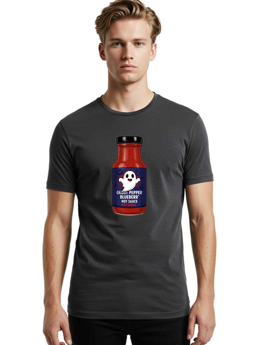 Ghost-Pepper-Blueburr-Hot-Sauce Men'S Graphic Tee, 100% Cotton, Comfortable Casual Summer Wear, Machine Washable, Hot Sauce, Spicy Condiment, Ghost Pepper, Blueberry Flavor, Condiment Bottle, Sauce Label, Spicy Food, Flavorful Sauce, Baa734