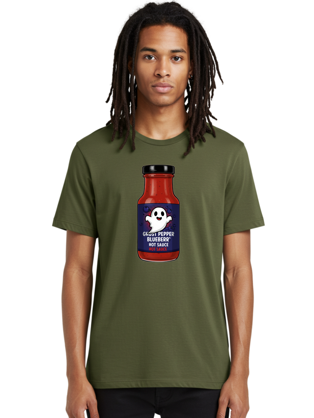 Ghost-Pepper-Blueburr-Hot-Sauce Men'S Graphic Tee, 100% Cotton, Comfortable Casual Summer Wear, Machine Washable, Hot Sauce, Spicy Condiment, Ghost Pepper, Blueberry Flavor, Condiment Bottle, Sauce Label, Spicy Food, Flavorful Sauce, Baa734