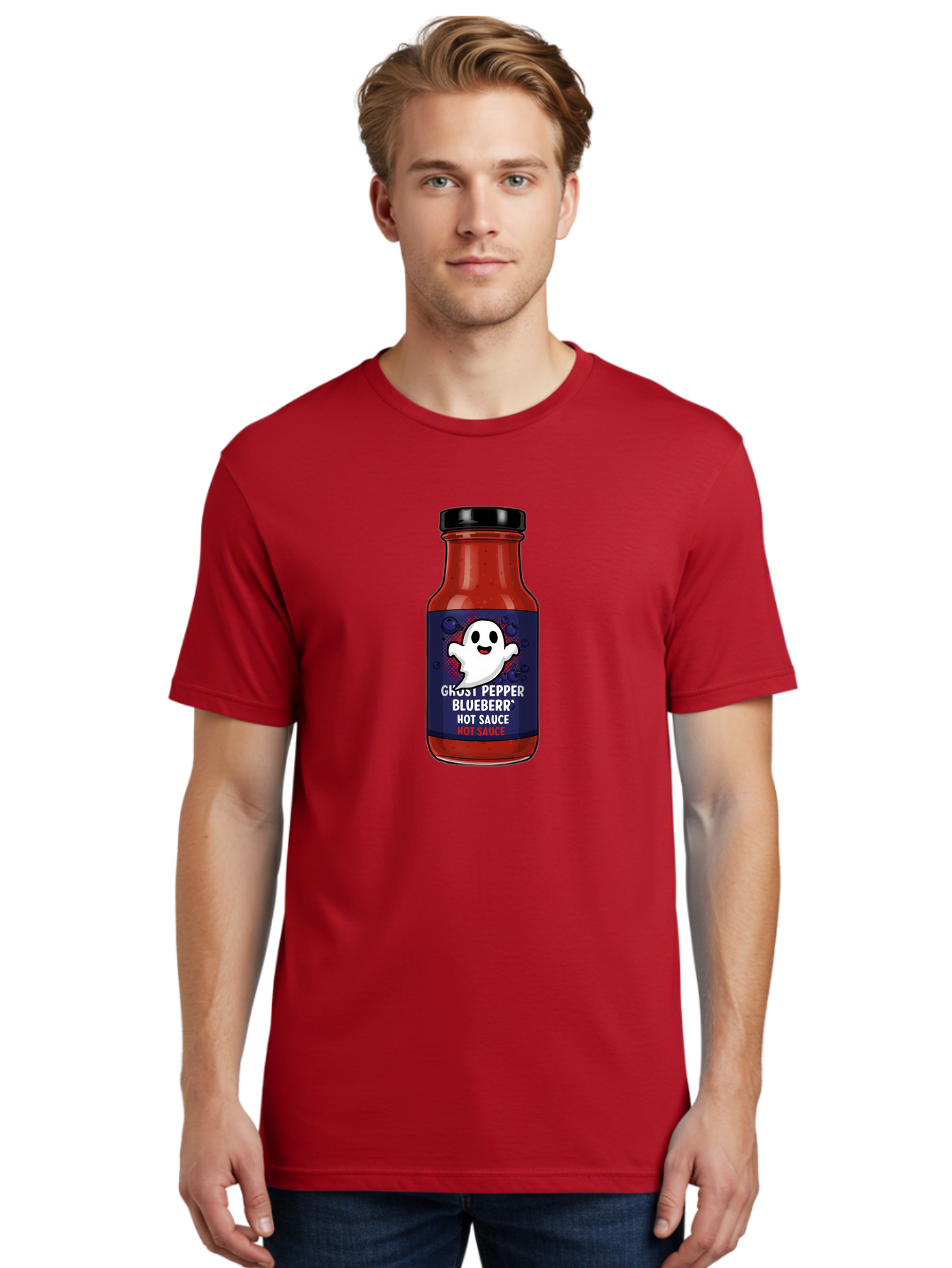 Ghost-Pepper-Blueburr-Hot-Sauce Men'S Graphic Tee, 100% Cotton, Comfortable Casual Summer Wear, Machine Washable, Hot Sauce, Spicy Condiment, Ghost Pepper, Blueberry Flavor, Condiment Bottle, Sauce Label, Spicy Food, Flavorful Sauce, Baa734