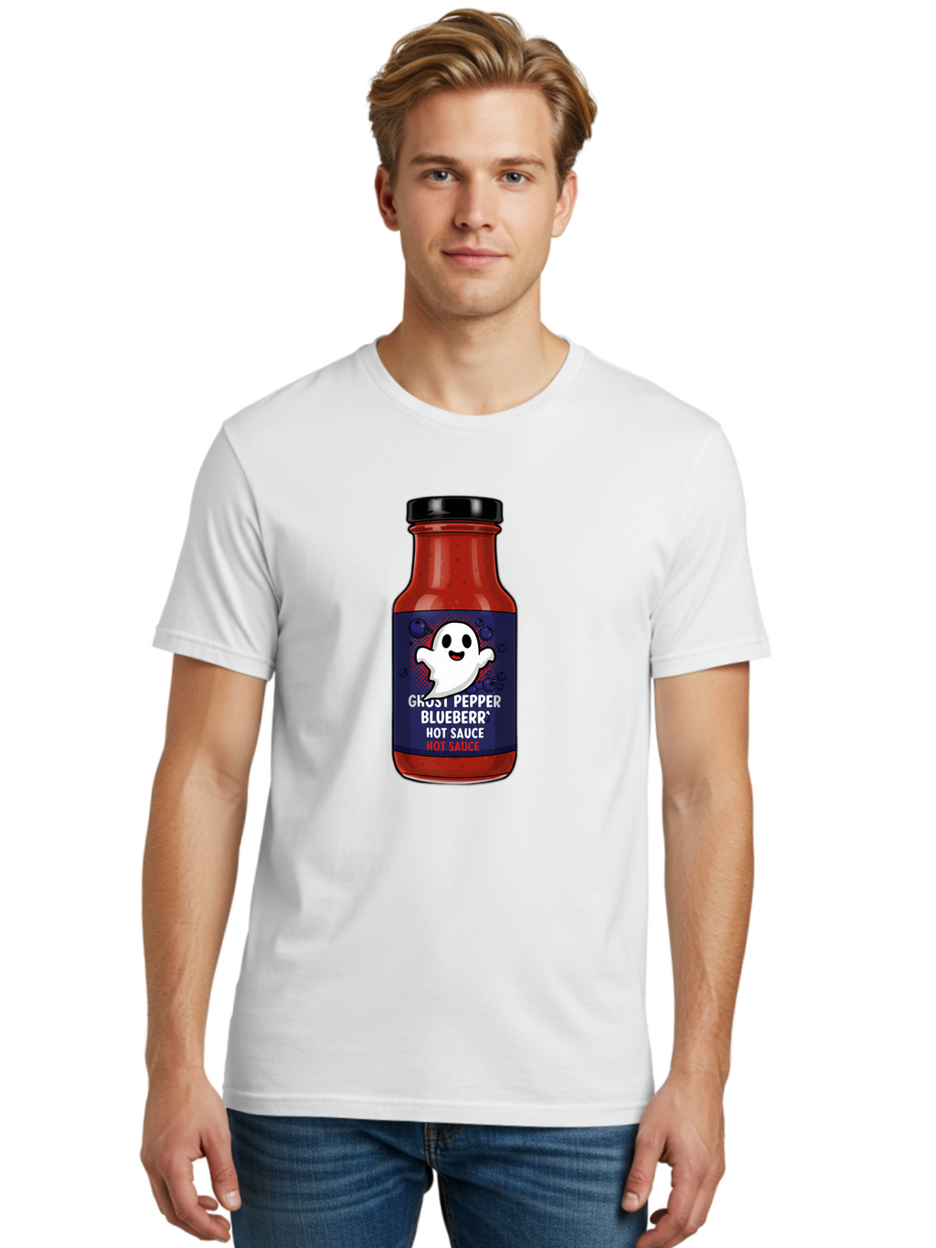 Ghost-Pepper-Blueburr-Hot-Sauce Men'S Graphic Tee, 100% Cotton, Comfortable Casual Summer Wear, Machine Washable, Hot Sauce, Spicy Condiment, Ghost Pepper, Blueberry Flavor, Condiment Bottle, Sauce Label, Spicy Food, Flavorful Sauce, Baa734