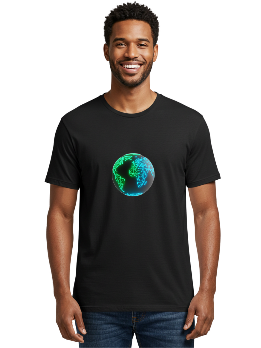 Globe-10 Men'S Graphic Tee, 100% Cotton, Comfortable Casual Summer Wear, Machine Washable, Globe, World Map, Digital Art, Neon Lights, Blue And Green Hues, Futuristic Design, Network Connections, Global Unity, 3D Rendering Baa739