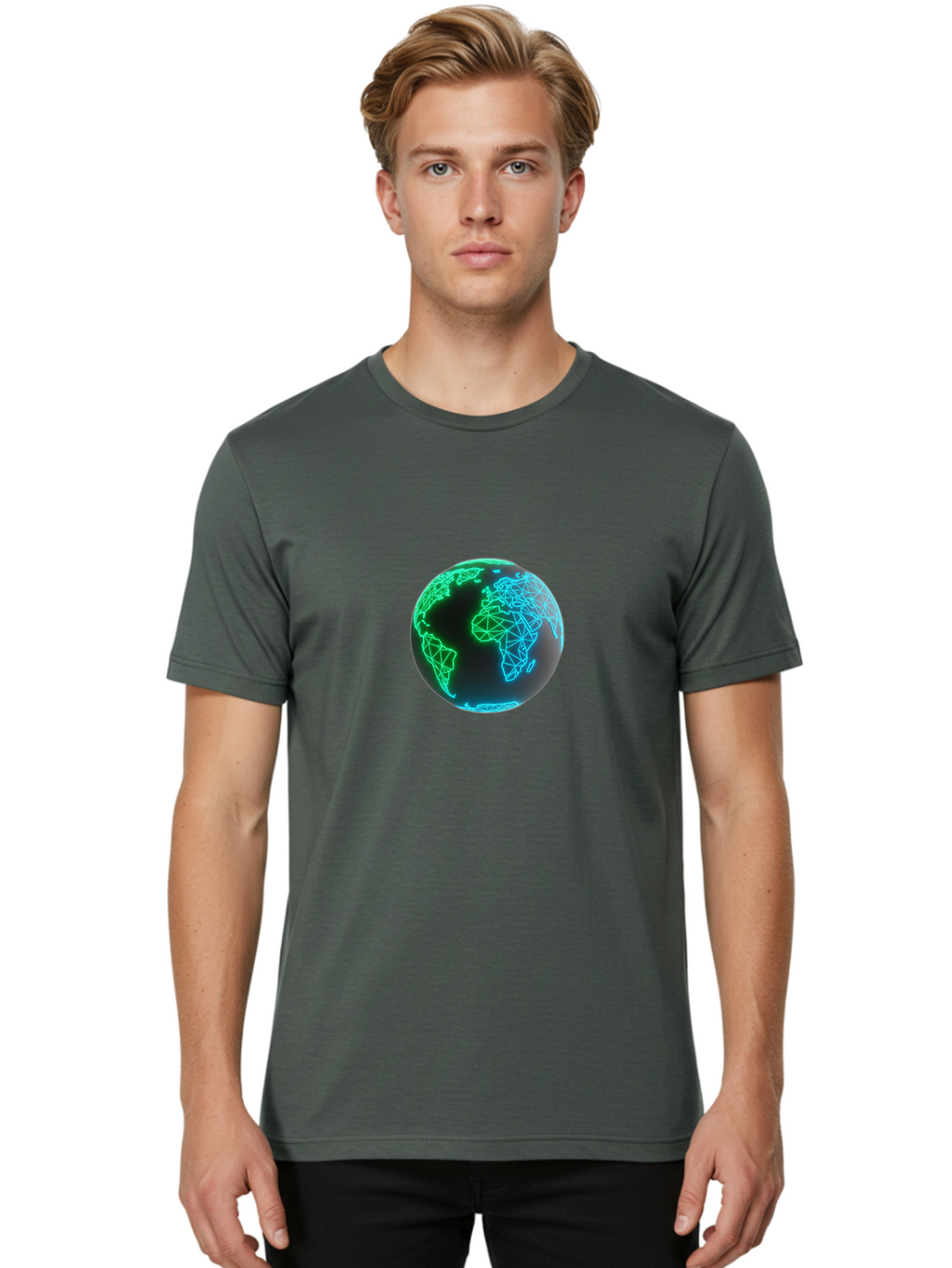 Globe-10 Men'S Graphic Tee, 100% Cotton, Comfortable Casual Summer Wear, Machine Washable, Globe, World Map, Digital Art, Neon Lights, Blue And Green Hues, Futuristic Design, Network Connections, Global Unity, 3D Rendering Baa739