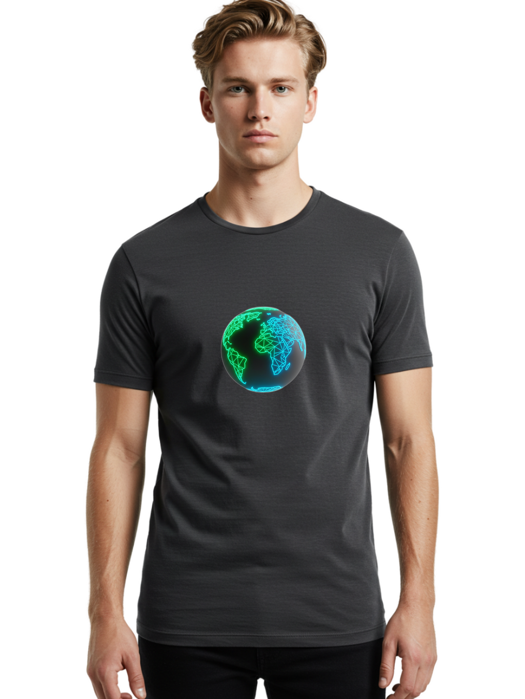 Globe-10 Men'S Graphic Tee, 100% Cotton, Comfortable Casual Summer Wear, Machine Washable, Globe, World Map, Digital Art, Neon Lights, Blue And Green Hues, Futuristic Design, Network Connections, Global Unity, 3D Rendering Baa739