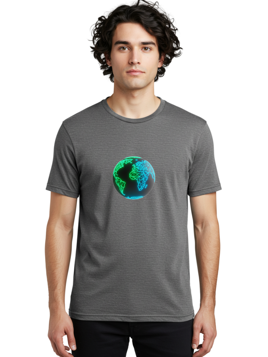 Globe-10 Men'S Graphic Tee, 100% Cotton, Comfortable Casual Summer Wear, Machine Washable, Globe, World Map, Digital Art, Neon Lights, Blue And Green Hues, Futuristic Design, Network Connections, Global Unity, 3D Rendering Baa739