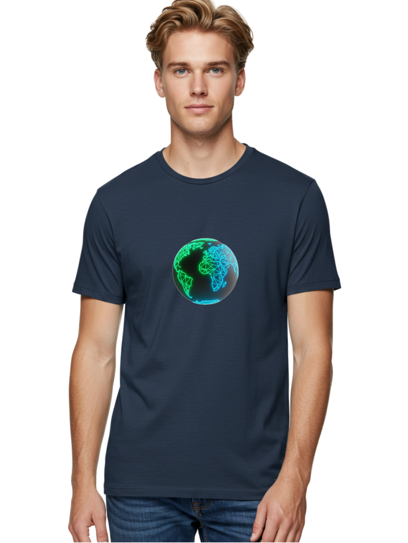 Globe-10 Men'S Graphic Tee, 100% Cotton, Comfortable Casual Summer Wear, Machine Washable, Globe, World Map, Digital Art, Neon Lights, Blue And Green Hues, Futuristic Design, Network Connections, Global Unity, 3D Rendering Baa739