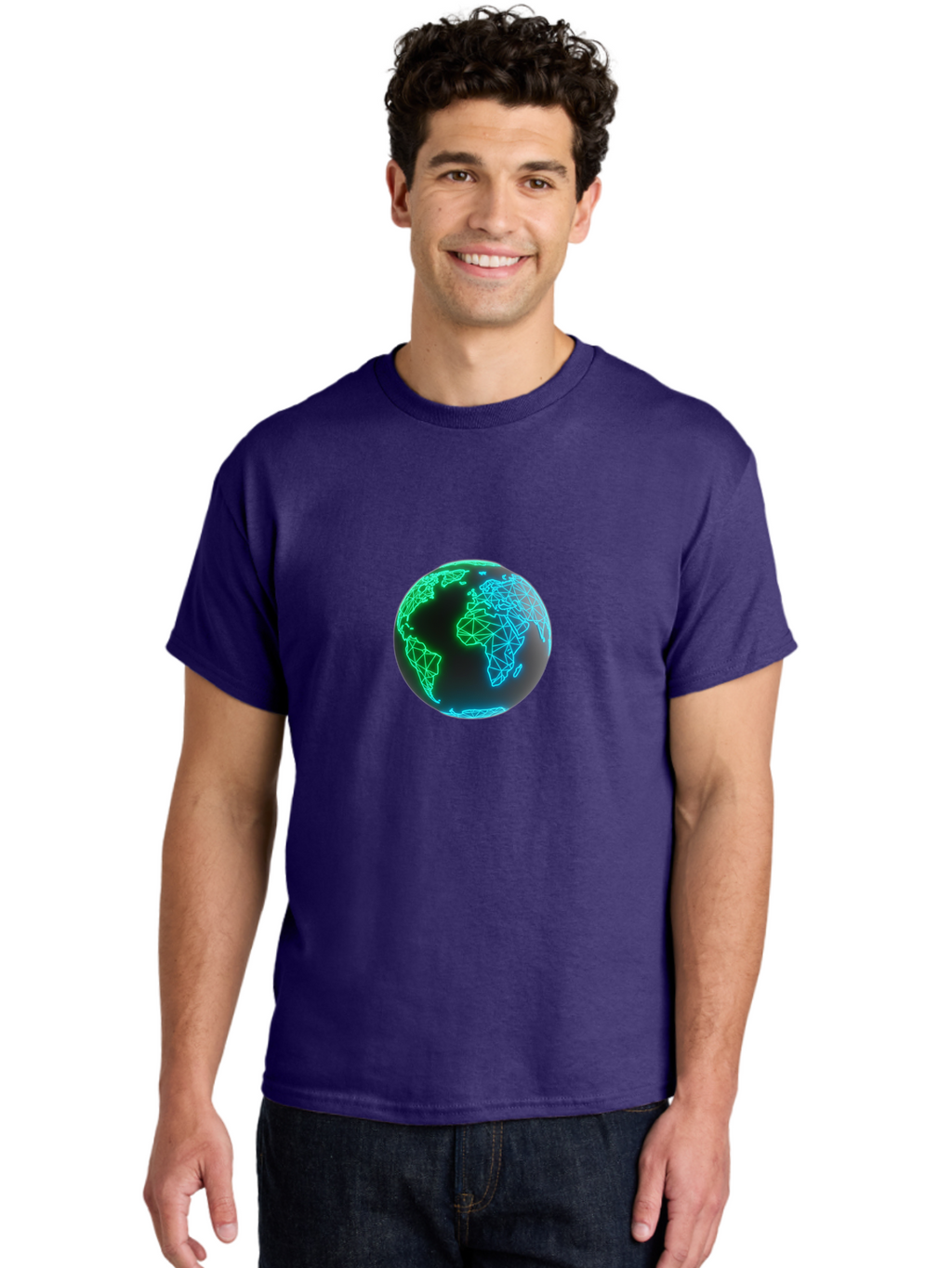 Globe-10 Men'S Graphic Tee, 100% Cotton, Comfortable Casual Summer Wear, Machine Washable, Globe, World Map, Digital Art, Neon Lights, Blue And Green Hues, Futuristic Design, Network Connections, Global Unity, 3D Rendering Baa739