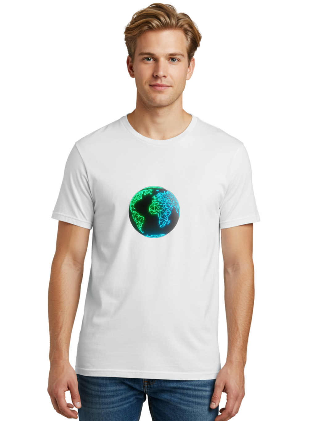 Globe-10 Men'S Graphic Tee, 100% Cotton, Comfortable Casual Summer Wear, Machine Washable, Globe, World Map, Digital Art, Neon Lights, Blue And Green Hues, Futuristic Design, Network Connections, Global Unity, 3D Rendering Baa739