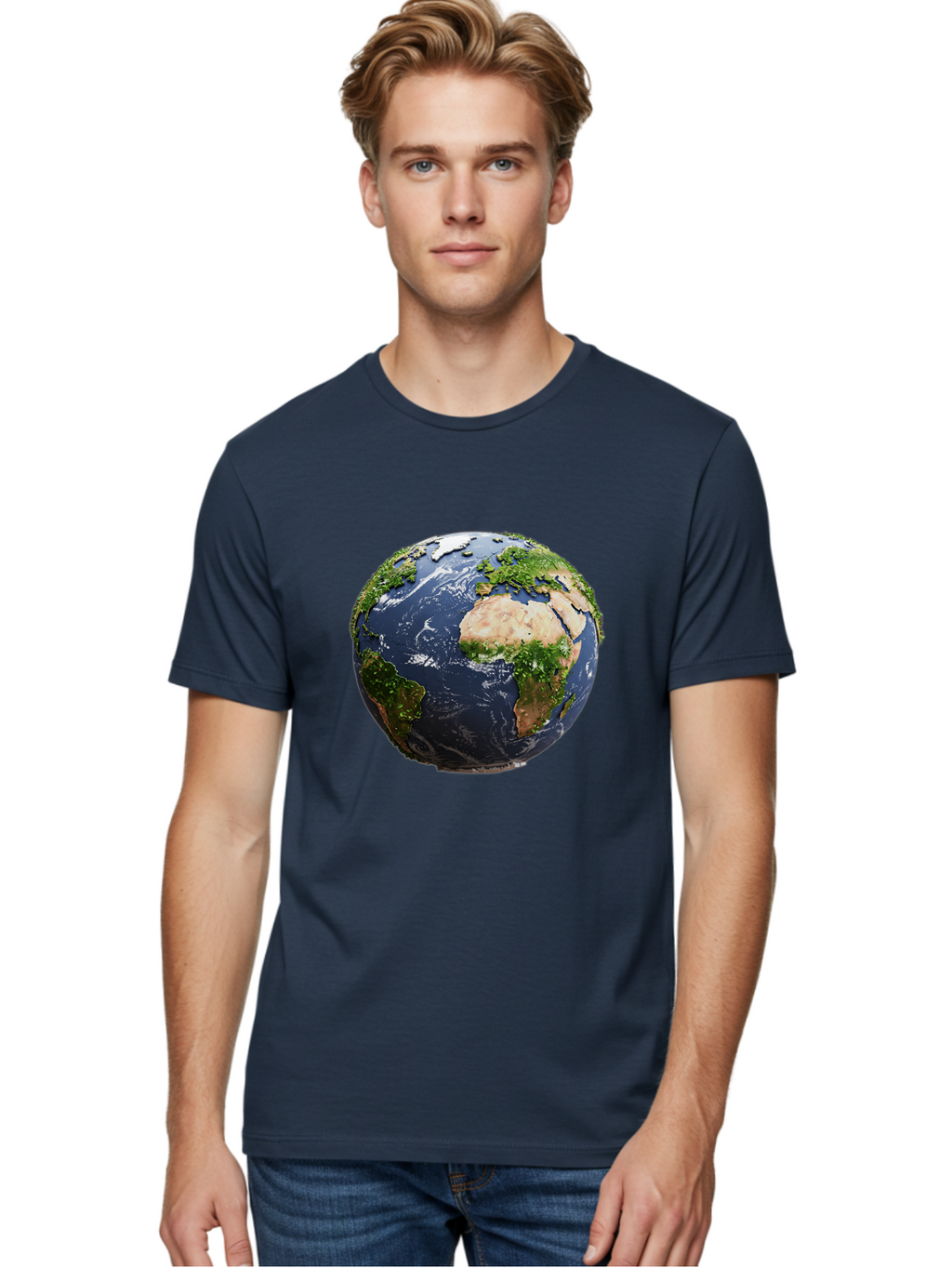 Globe-12 Men'S Graphic Tee, 100% Cotton, Comfortable Casual Summer Wear, Machine Washable, Globe Showing Africa, Europe, And Atlantic Ocean, Global View, Planet Earth, Continents, Oceans, Digital Rendering, 3D Visualization, World Map Baa741