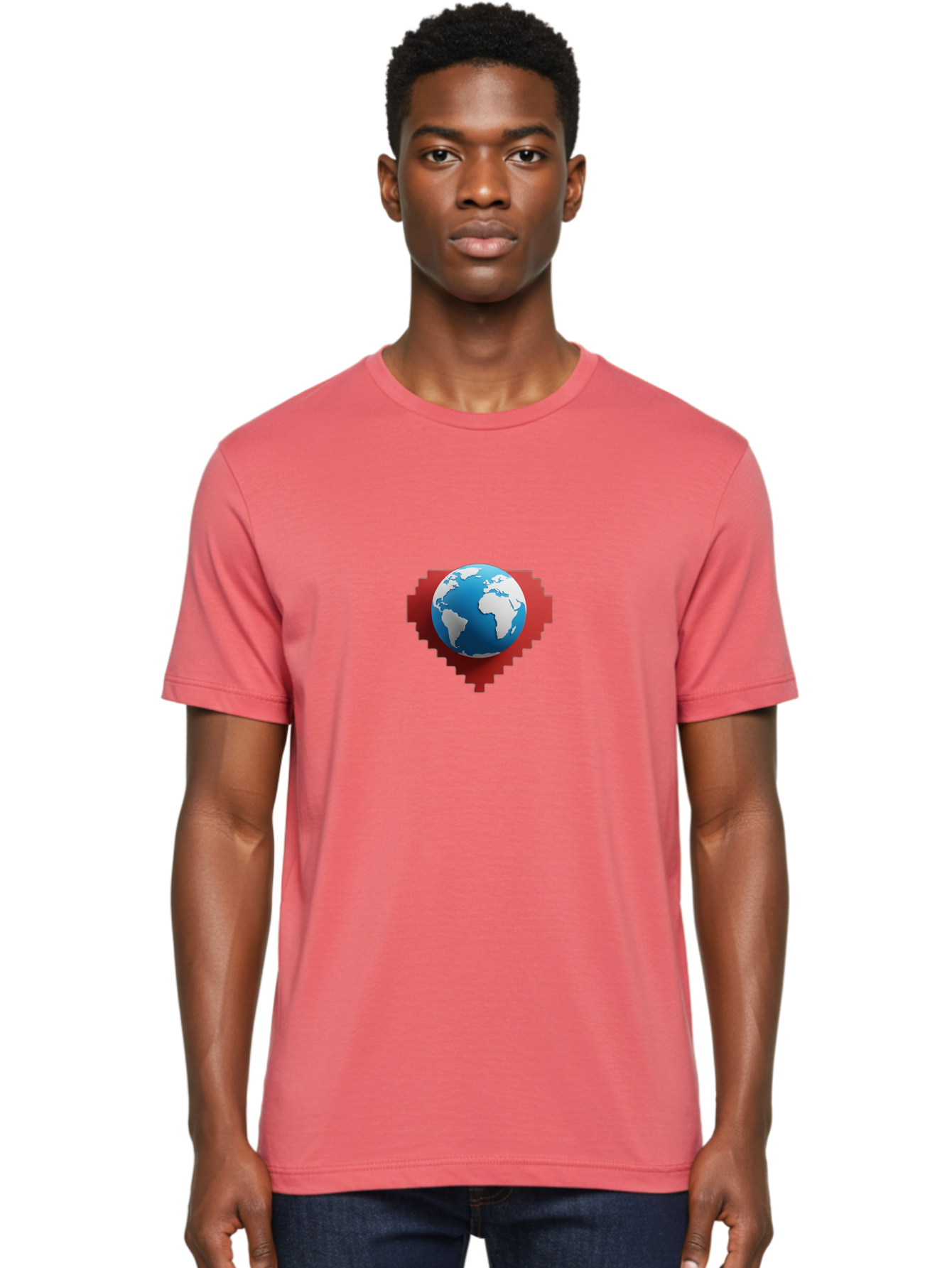 Globe-4 Men'S Graphic Tee, 100% Cotton, Comfortable Casual Summer Wear, Machine Washable, Globe Centered On Red Heart, Global Unity, Love For Earth, World Harmony, Digital Illustration, 3D Globe, Heart Shape, International Cooperation, Baa744