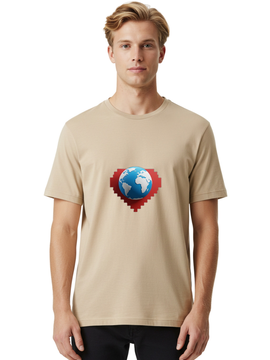 Globe-4 Men'S Graphic Tee, 100% Cotton, Comfortable Casual Summer Wear, Machine Washable, Globe Centered On Red Heart, Global Unity, Love For Earth, World Harmony, Digital Illustration, 3D Globe, Heart Shape, International Cooperation, Baa744