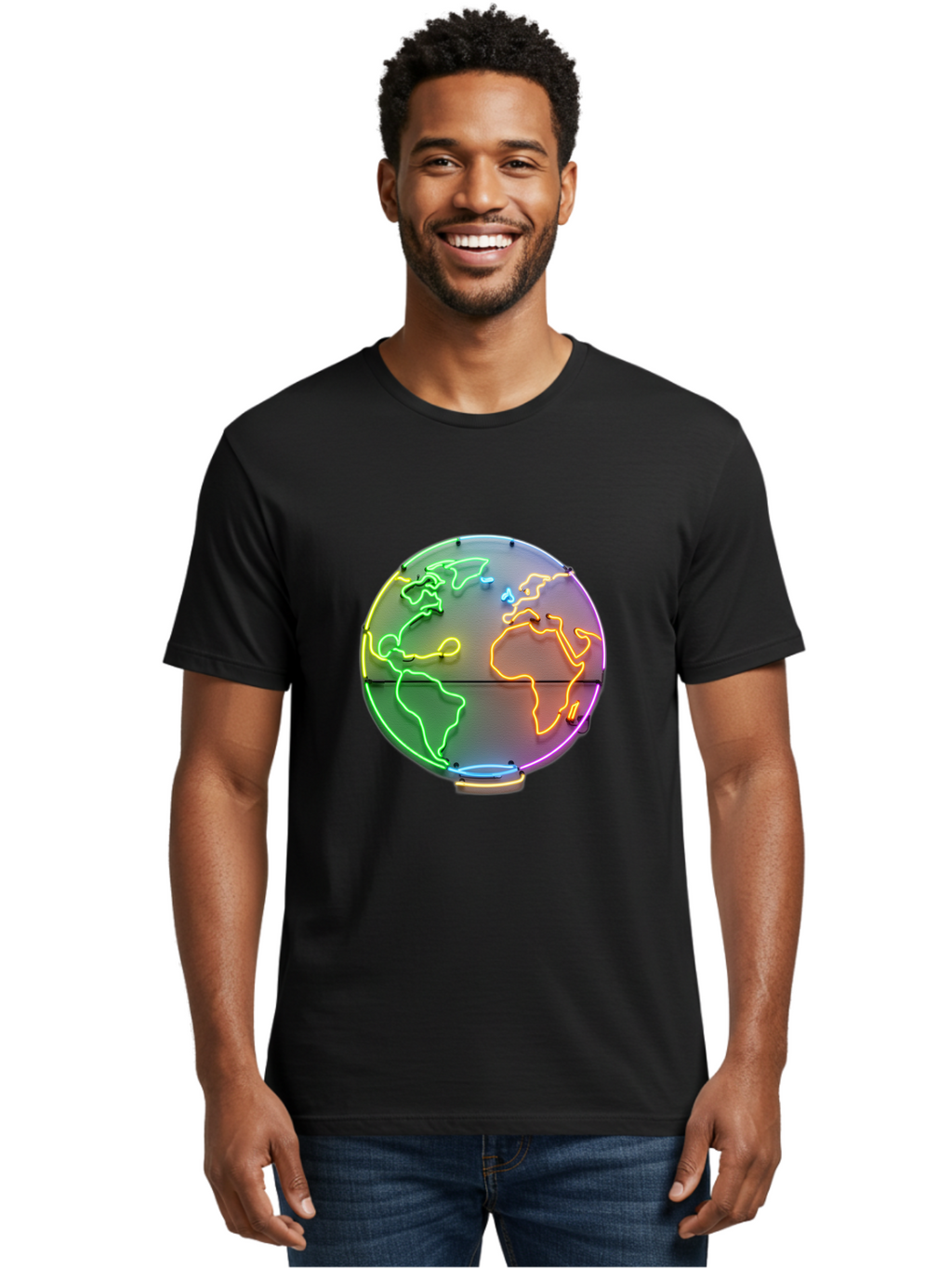 Globe-6 Men'S Graphic Tee, 100% Cotton, Comfortable Casual Summer Wear, Machine Washable, Neon Globe, World Map, Colorful Signage, Led Light Art, Global Navigation, Earth Signage, Colorful Decoration, Neon Lights Baa746