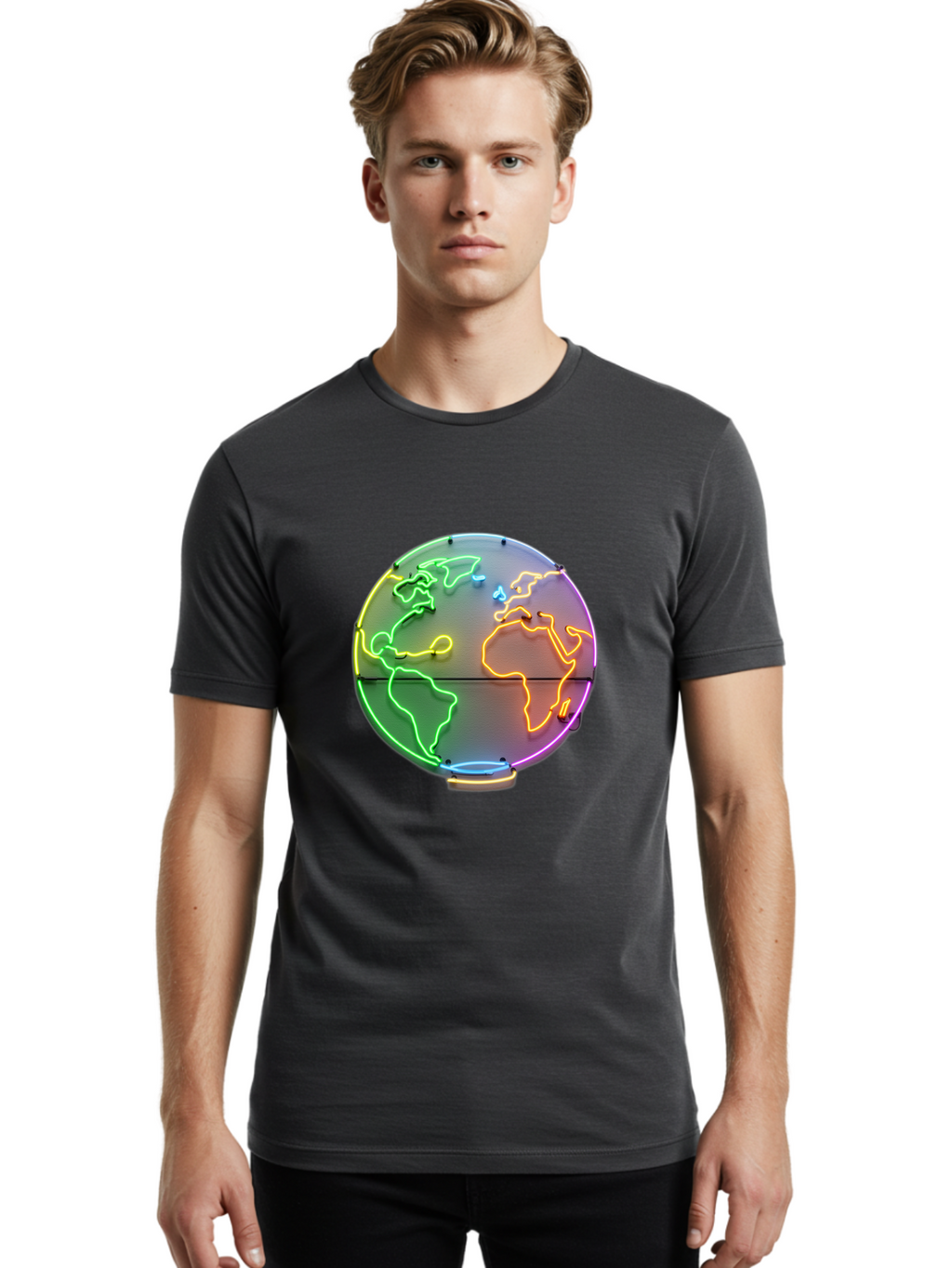 Globe-6 Men'S Graphic Tee, 100% Cotton, Comfortable Casual Summer Wear, Machine Washable, Neon Globe, World Map, Colorful Signage, Led Light Art, Global Navigation, Earth Signage, Colorful Decoration, Neon Lights Baa746