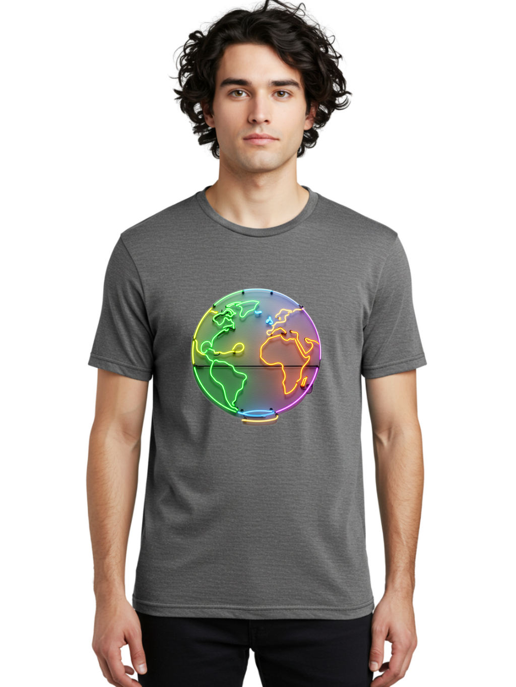 Globe-6 Men'S Graphic Tee, 100% Cotton, Comfortable Casual Summer Wear, Machine Washable, Neon Globe, World Map, Colorful Signage, Led Light Art, Global Navigation, Earth Signage, Colorful Decoration, Neon Lights Baa746