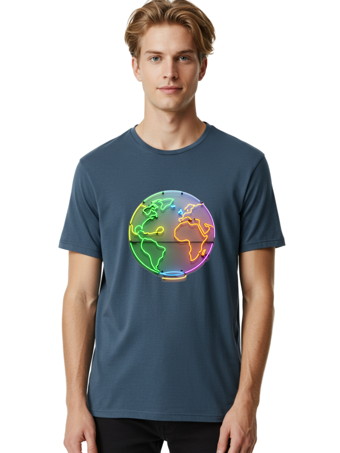 Globe-6 Men'S Graphic Tee, 100% Cotton, Comfortable Casual Summer Wear, Machine Washable, Neon Globe, World Map, Colorful Signage, Led Light Art, Global Navigation, Earth Signage, Colorful Decoration, Neon Lights Baa746