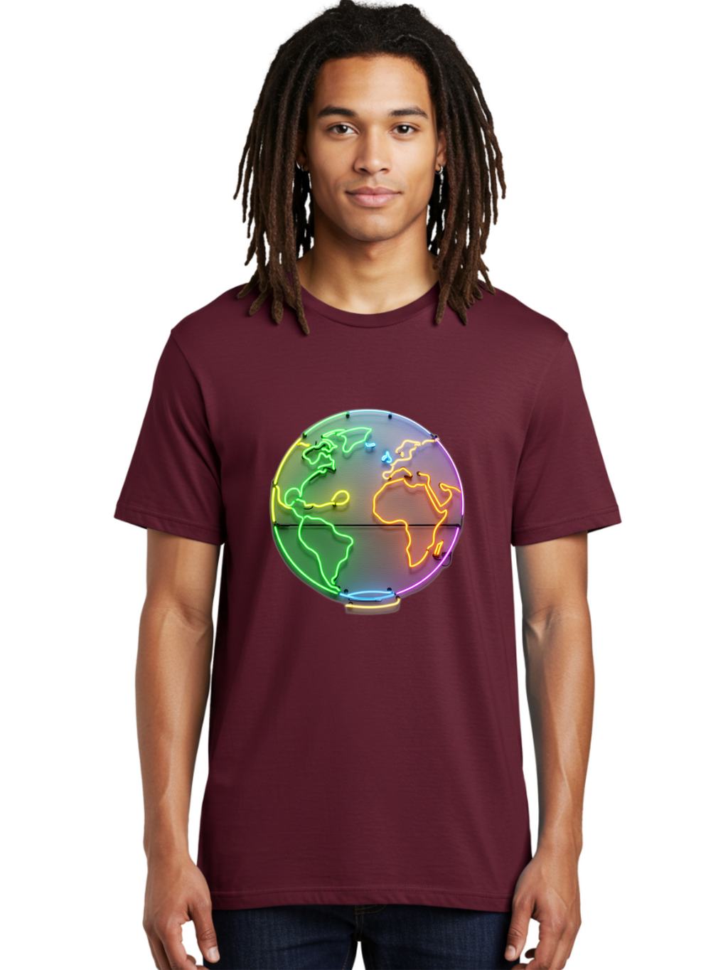 Globe-6 Men'S Graphic Tee, 100% Cotton, Comfortable Casual Summer Wear, Machine Washable, Neon Globe, World Map, Colorful Signage, Led Light Art, Global Navigation, Earth Signage, Colorful Decoration, Neon Lights Baa746