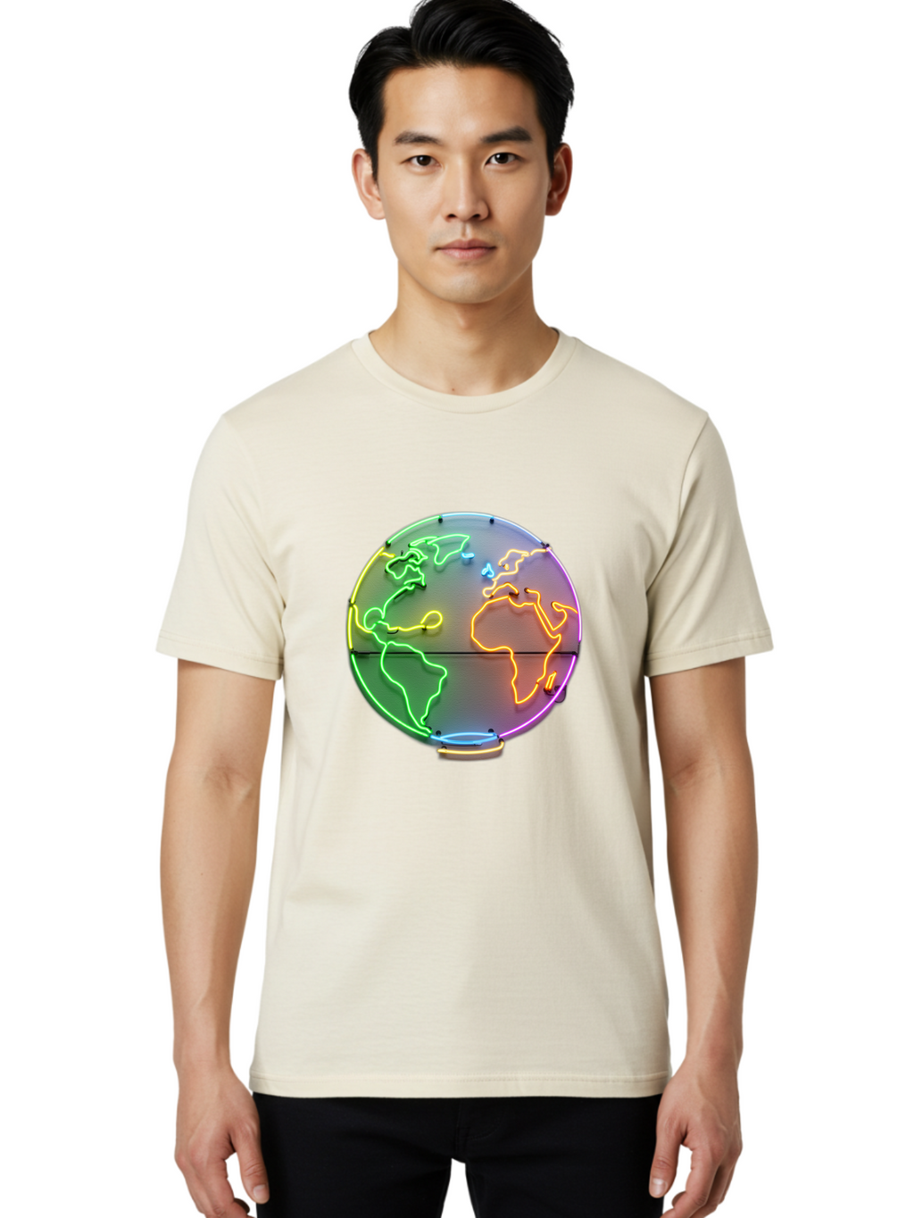 Globe-6 Men'S Graphic Tee, 100% Cotton, Comfortable Casual Summer Wear, Machine Washable, Neon Globe, World Map, Colorful Signage, Led Light Art, Global Navigation, Earth Signage, Colorful Decoration, Neon Lights Baa746