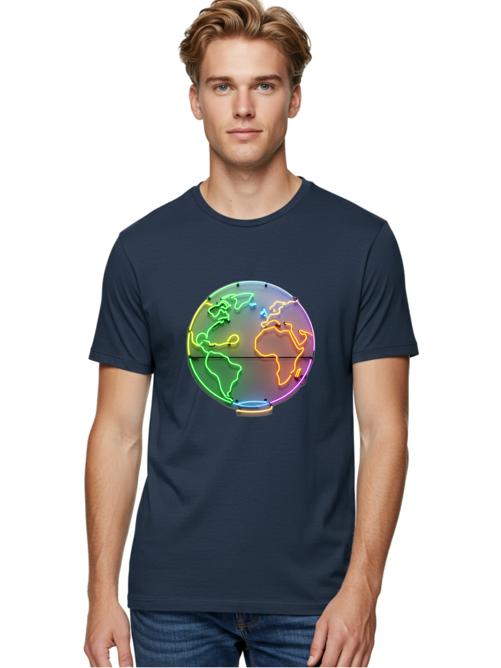 Globe-6 Men'S Graphic Tee, 100% Cotton, Comfortable Casual Summer Wear, Machine Washable, Neon Globe, World Map, Colorful Signage, Led Light Art, Global Navigation, Earth Signage, Colorful Decoration, Neon Lights Baa746