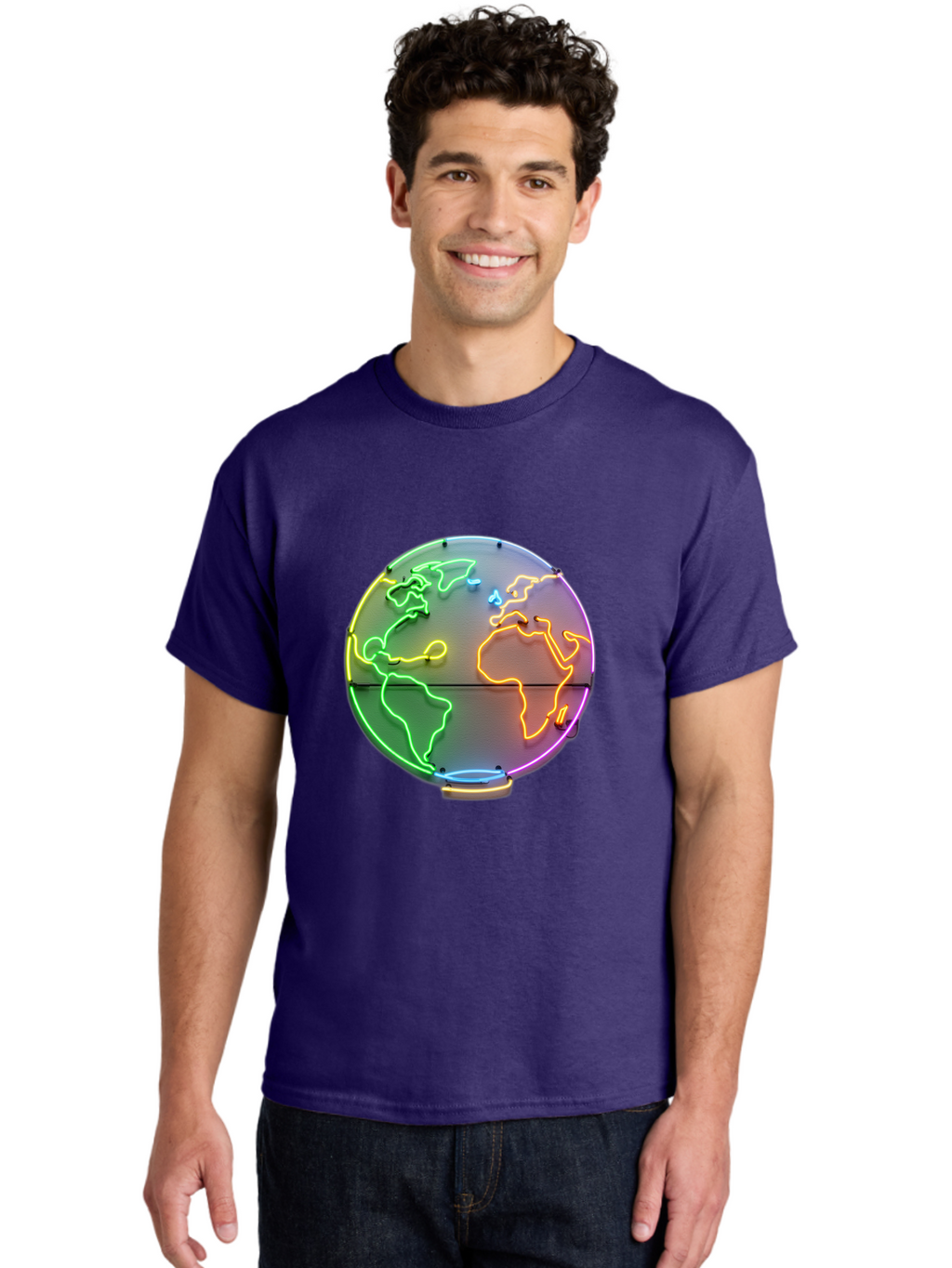 Globe-6 Men'S Graphic Tee, 100% Cotton, Comfortable Casual Summer Wear, Machine Washable, Neon Globe, World Map, Colorful Signage, Led Light Art, Global Navigation, Earth Signage, Colorful Decoration, Neon Lights Baa746